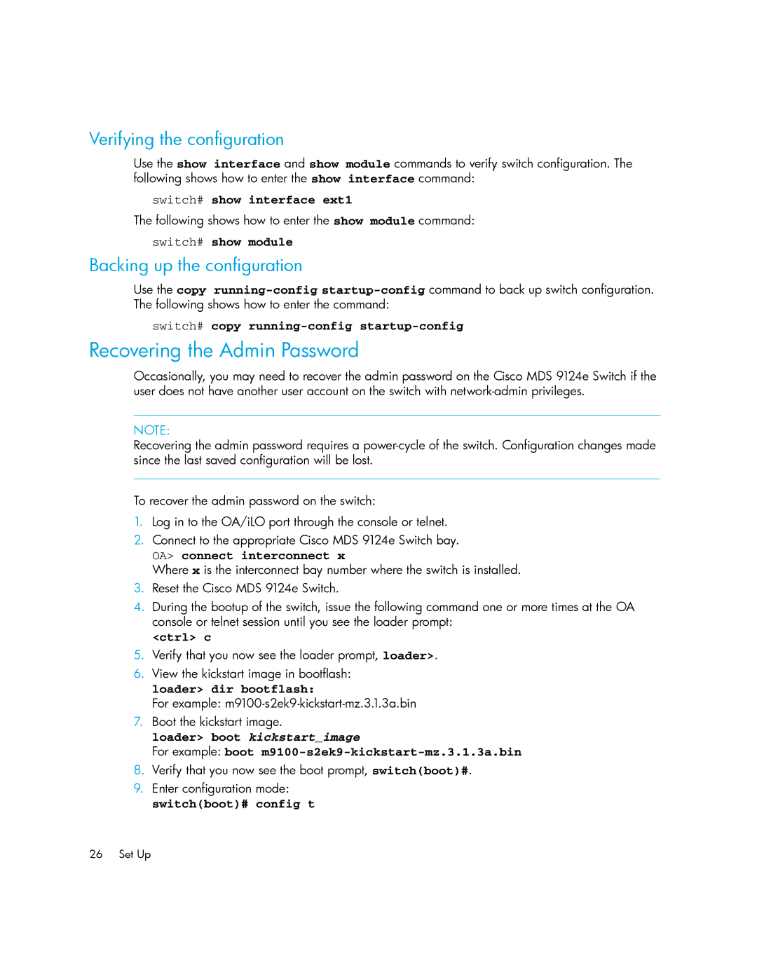 Cisco Systems 9124E manual Recovering the Admin Password, Verifying the configuration, Backing up the configuration 