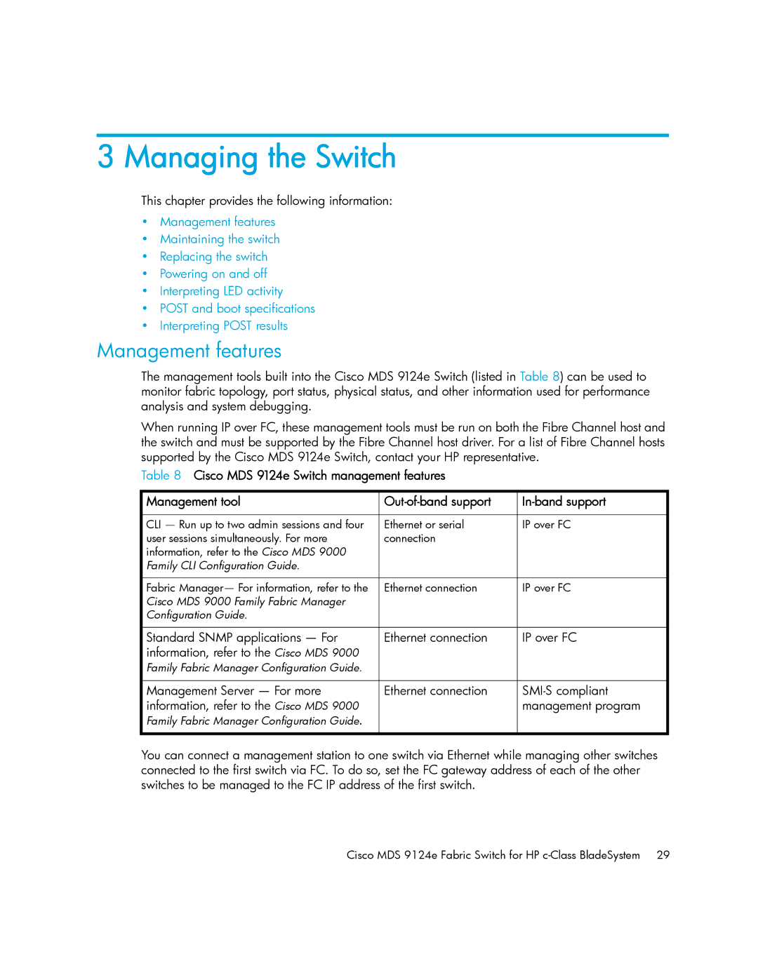 Cisco Systems 9124E manual Managing the Switch, Management features 