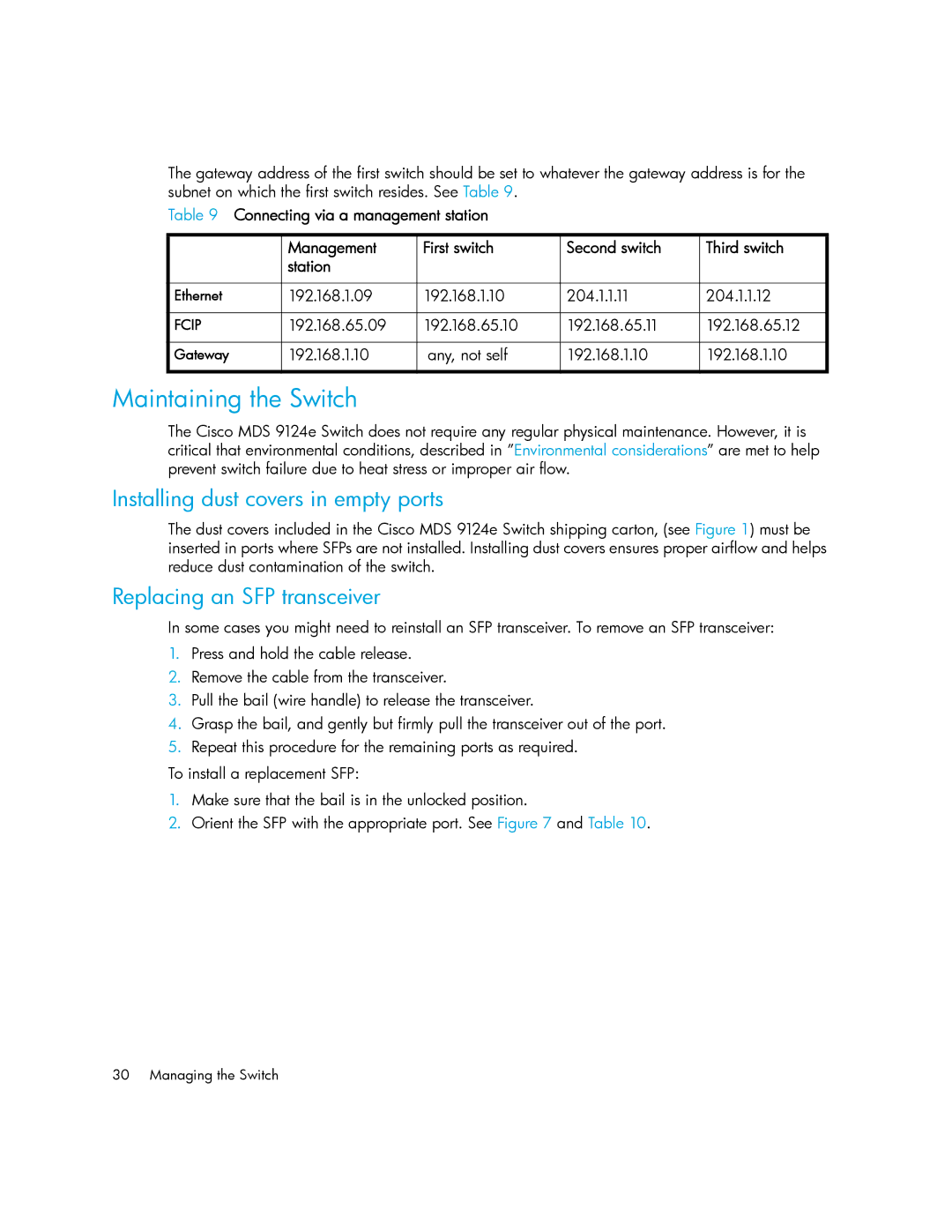 Cisco Systems 9124E manual Maintaining the Switch, Installing dust covers in empty ports, Replacing an SFP transceiver 