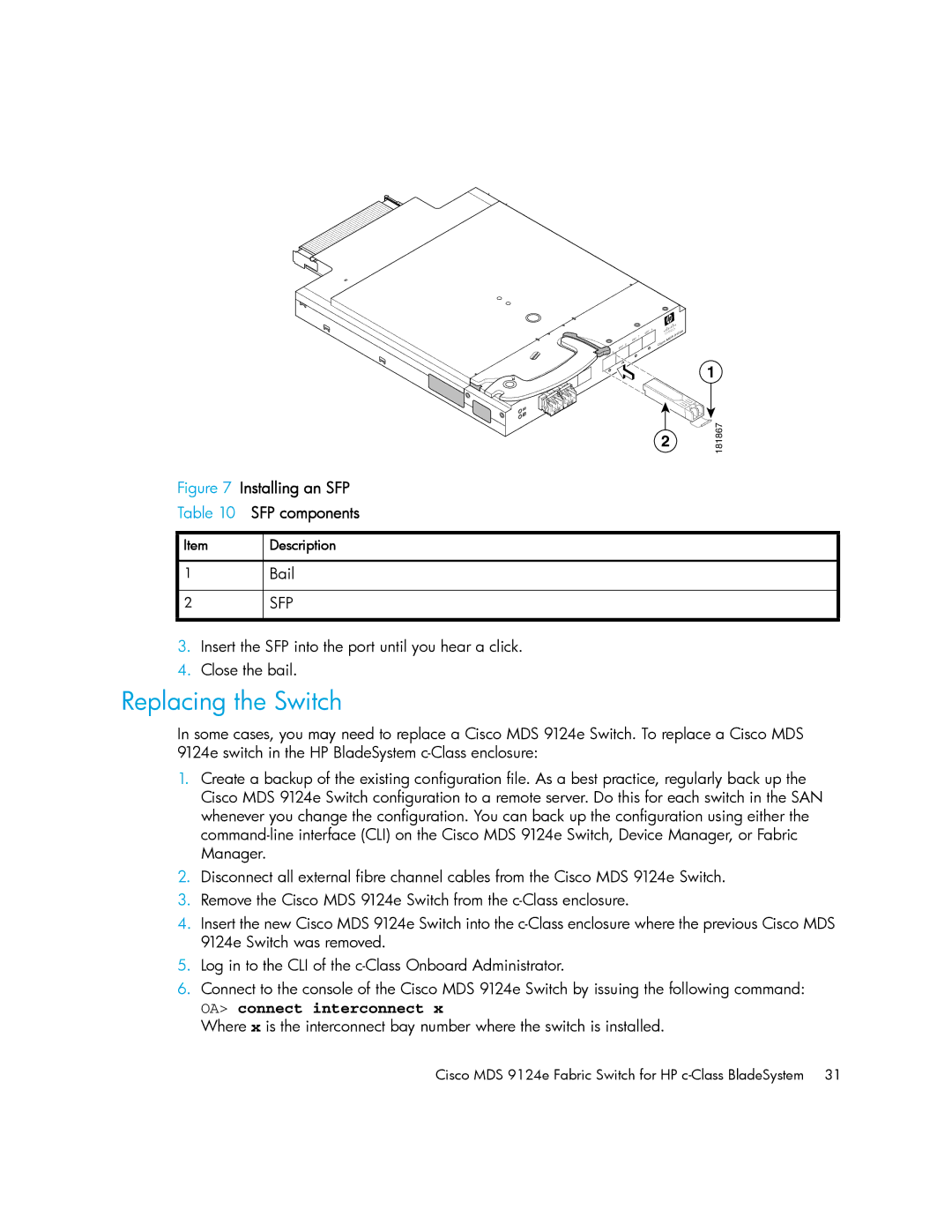 Cisco Systems 9124E manual Replacing the Switch, Installing an SFP SFP components 