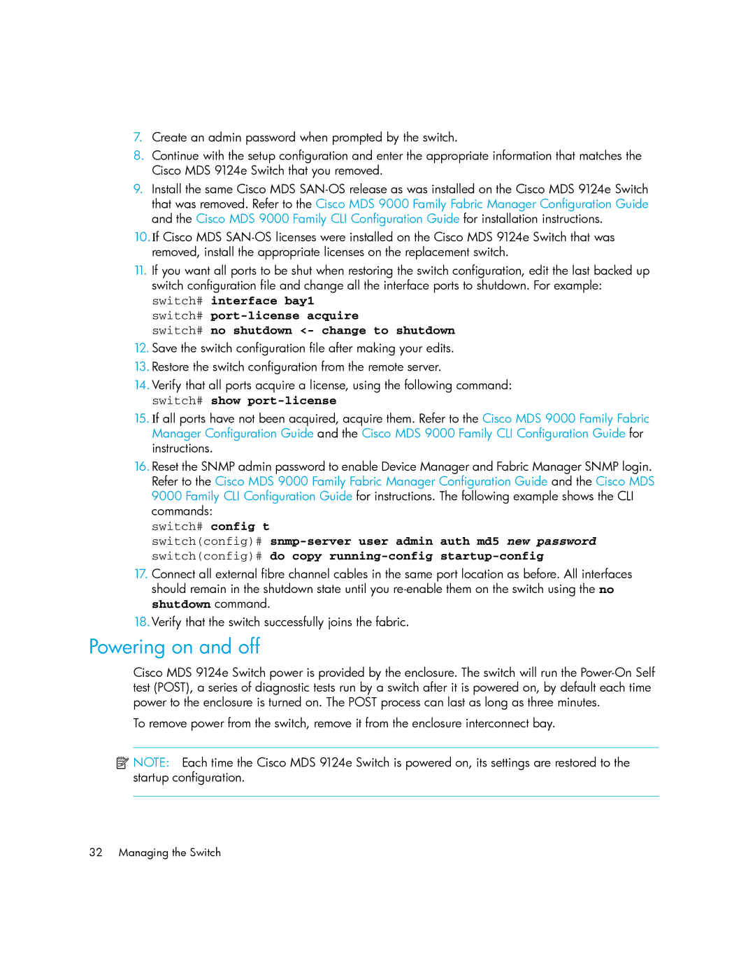 Cisco Systems 9124E manual Powering on and off 