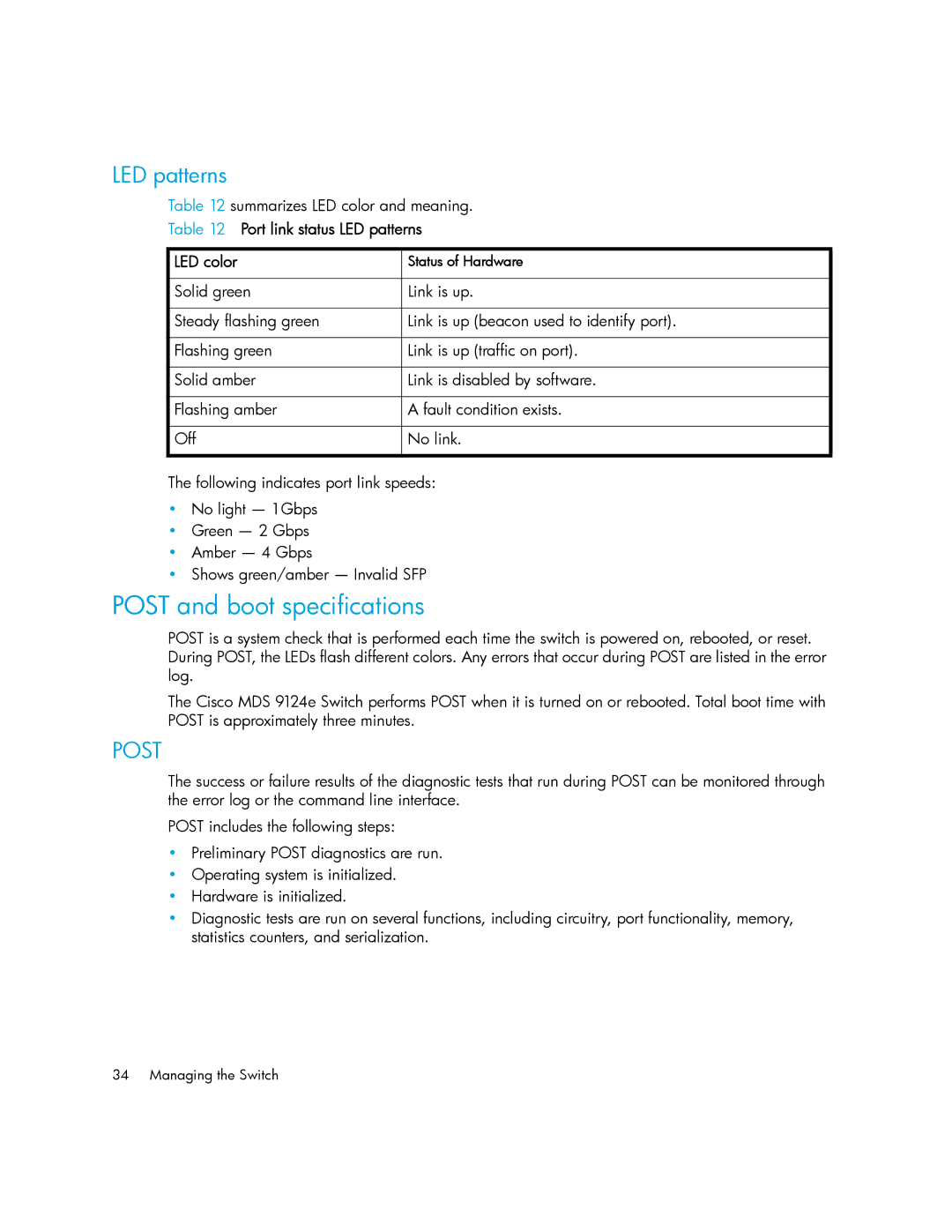 Cisco Systems 9124E manual Post and boot specifications, Port link status LED patterns LED color 