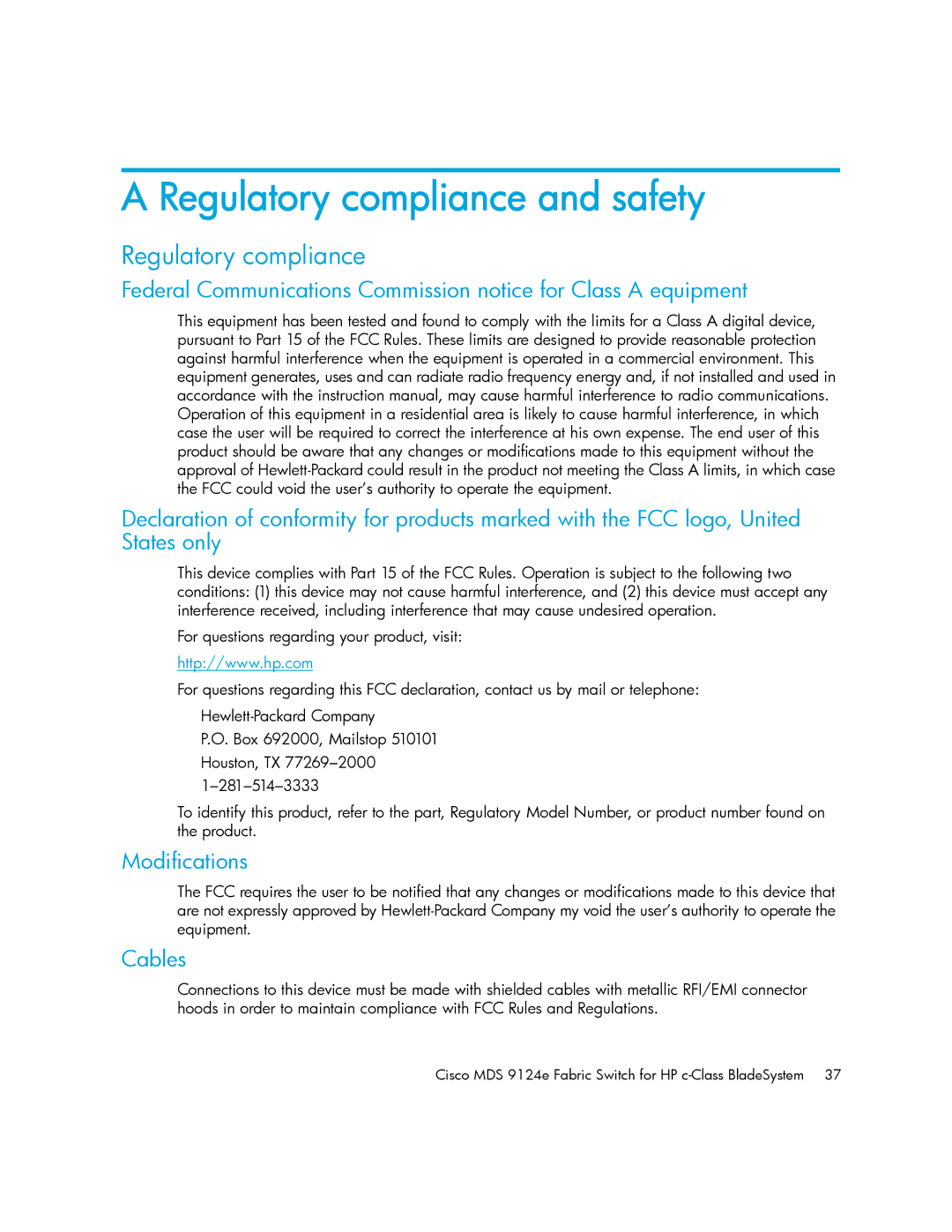 Cisco Systems 9124E manual Regulatory compliance and safety, Modifications, Cables 