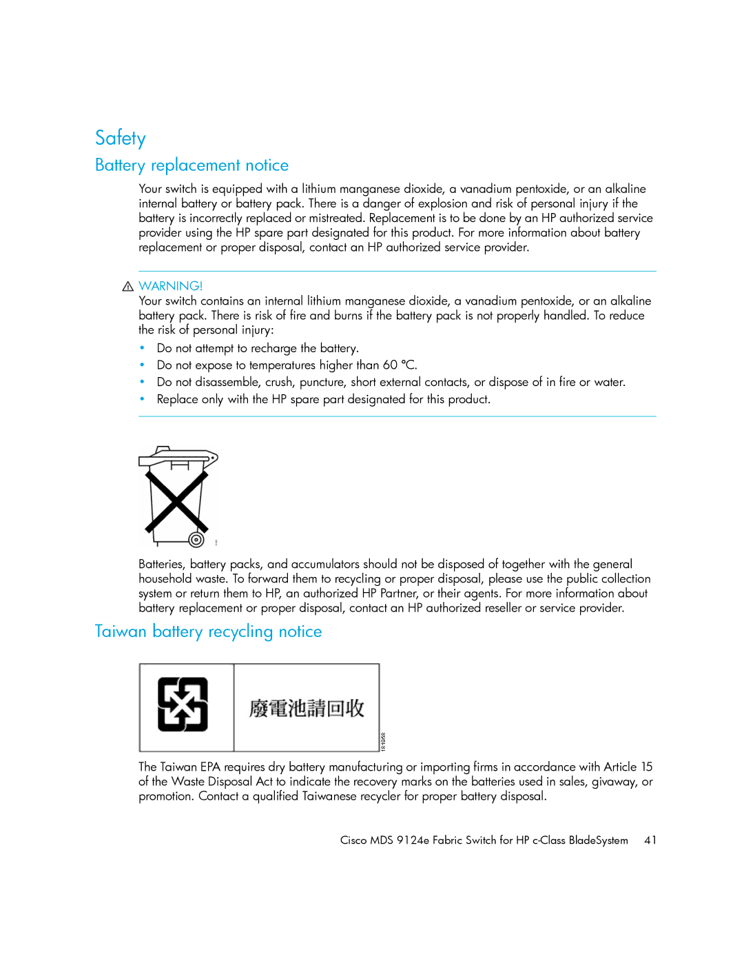 Cisco Systems 9124E manual Safety, Battery replacement notice, Taiwan battery recycling notice 