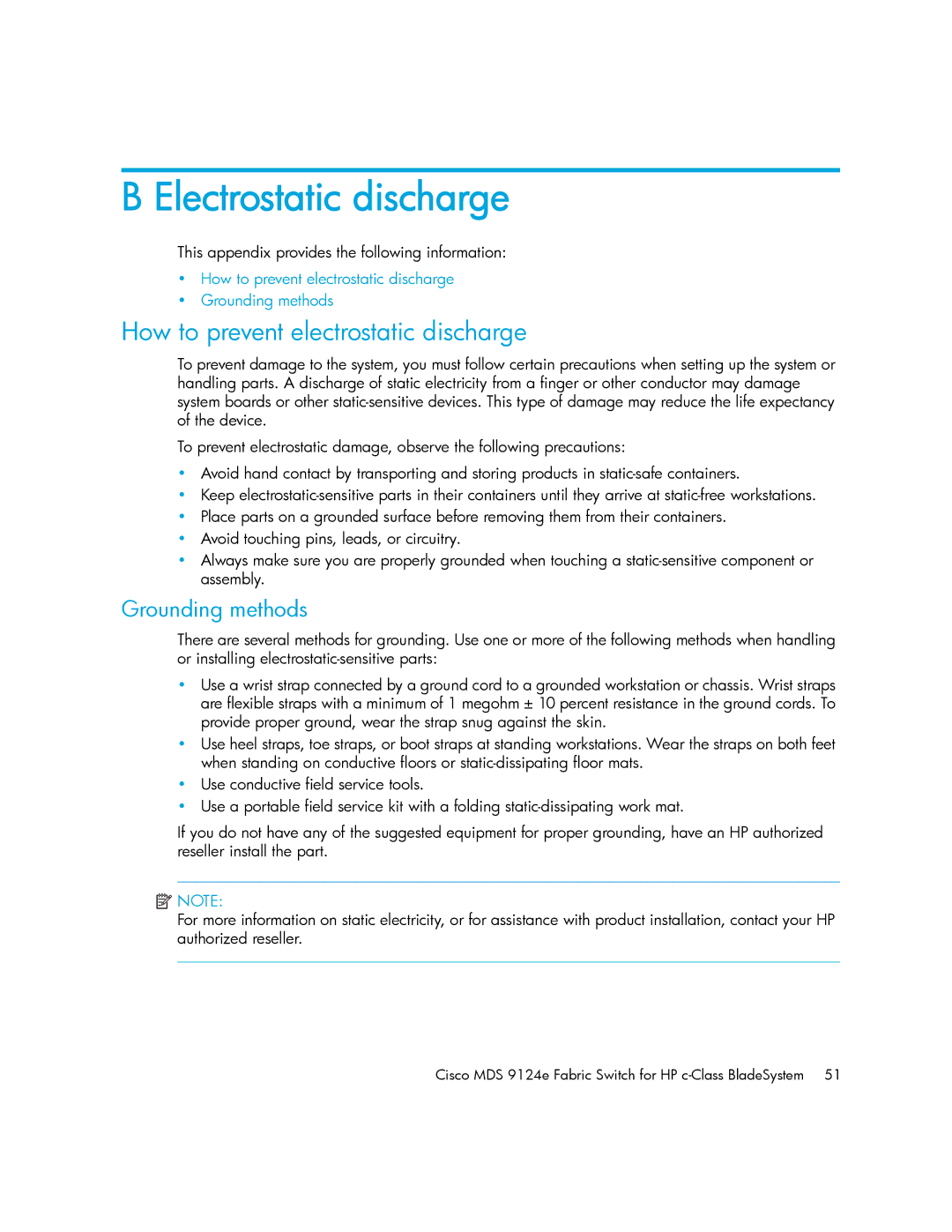 Cisco Systems 9124E manual Electrostatic discharge, How to prevent electrostatic discharge, Grounding methods 