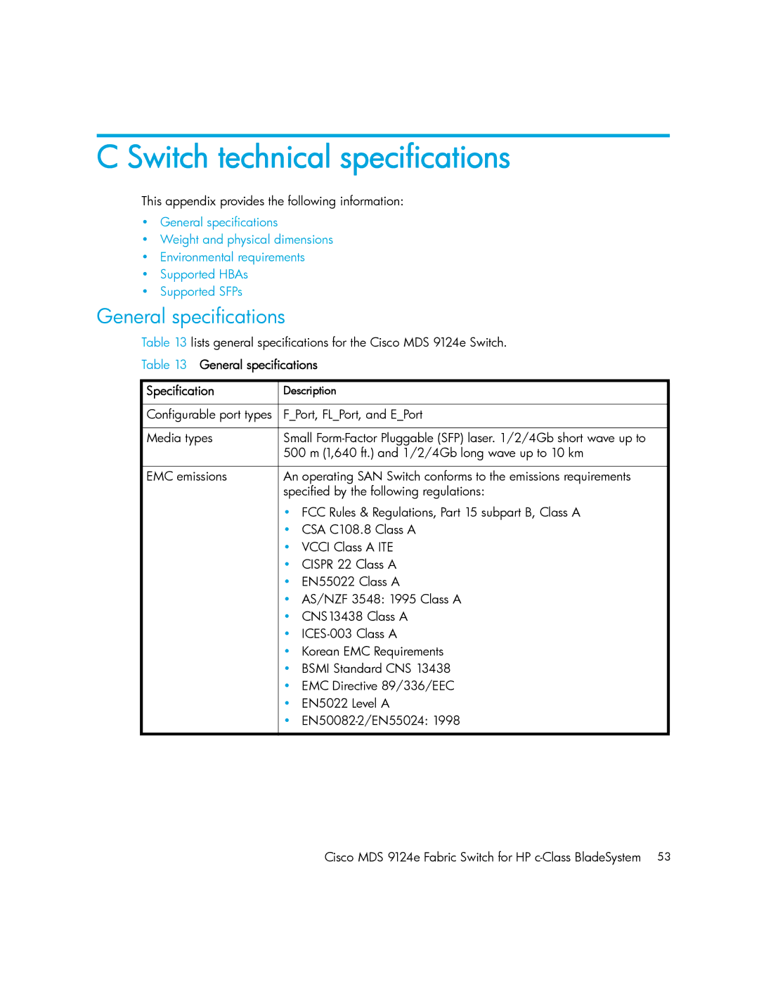 Cisco Systems 9124E manual Switch technical specifications, General specifications Specification 