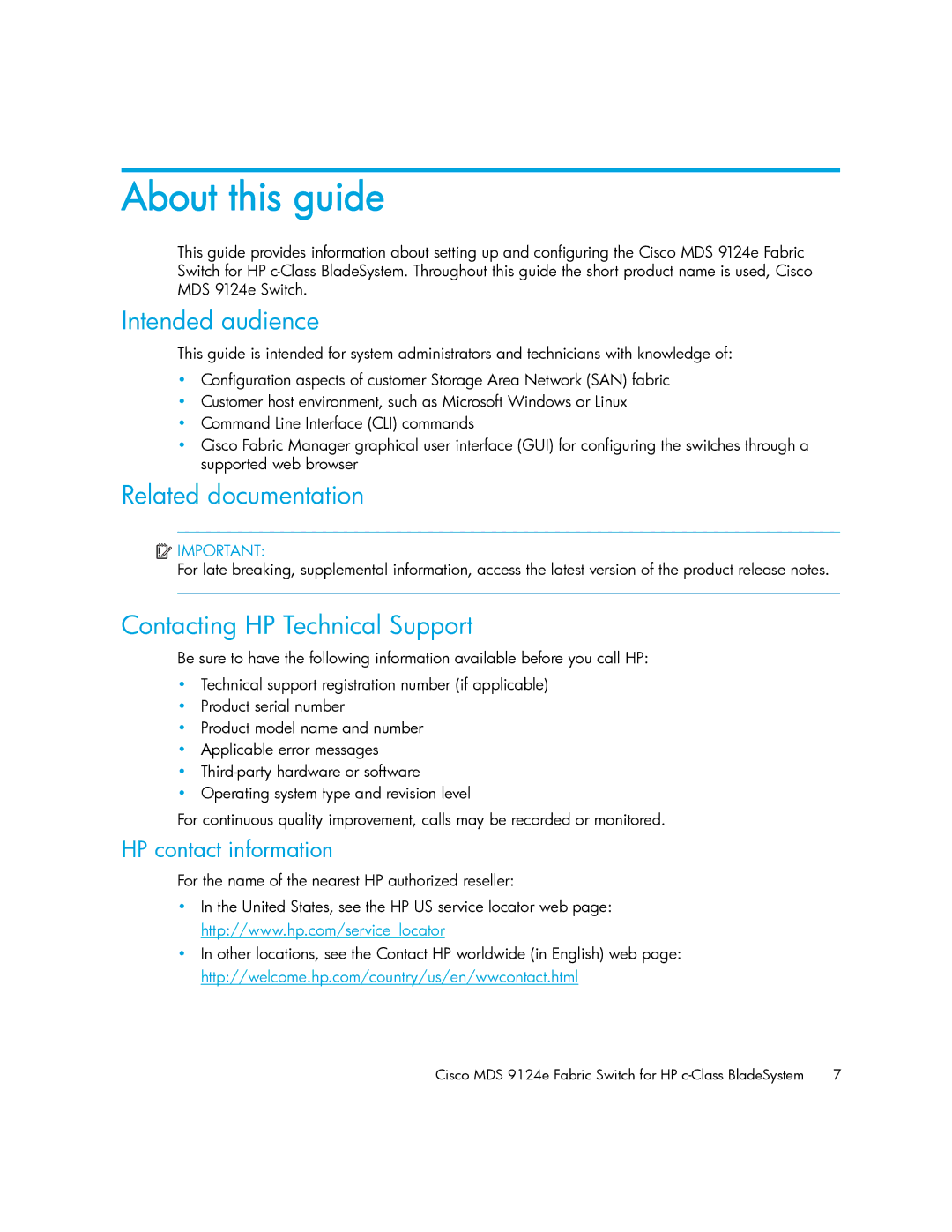 Cisco Systems 9124E manual About this guide, Intended audience, Related documentation, Contacting HP Technical Support 