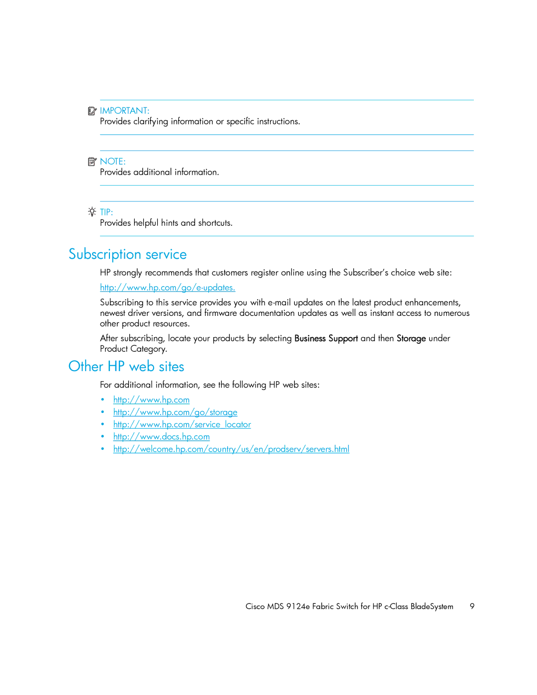 Cisco Systems 9124E manual Subscription service, Other HP web sites 