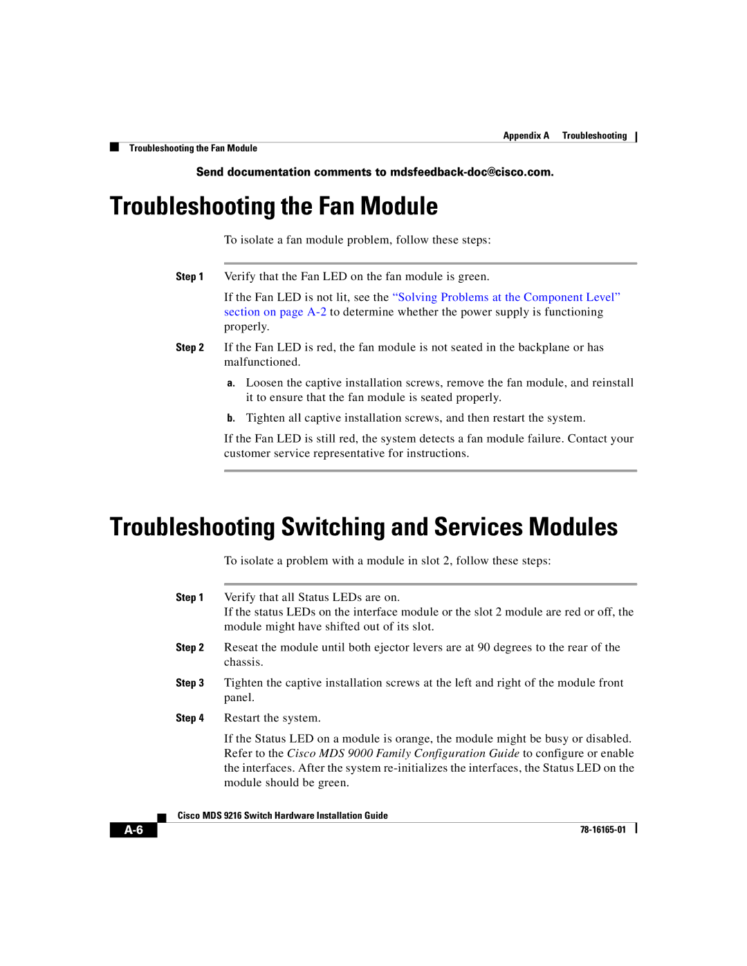 Cisco Systems 9216 manual Troubleshooting the Fan Module, Troubleshooting Switching and Services Modules 