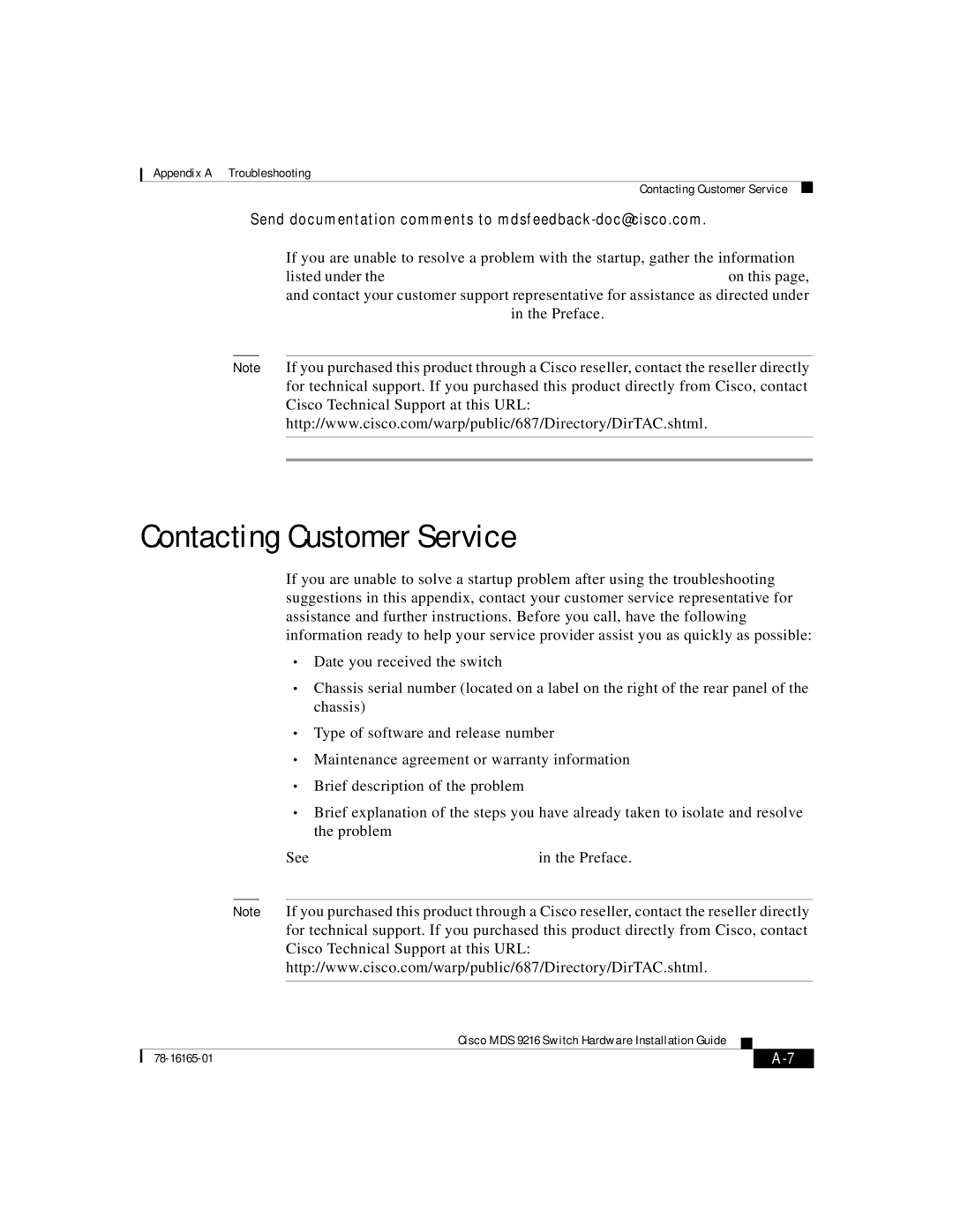 Cisco Systems 9216 manual Contacting Customer Service, See Obtaining Technical Assistance in the Preface 