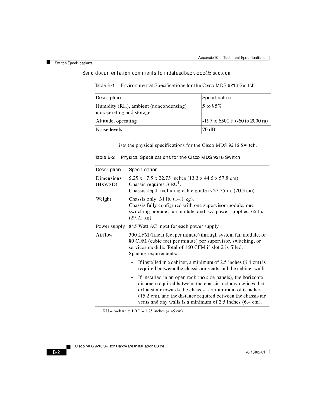 Cisco Systems 9216 manual Appendix B Technical Specifications Switch Specifications 