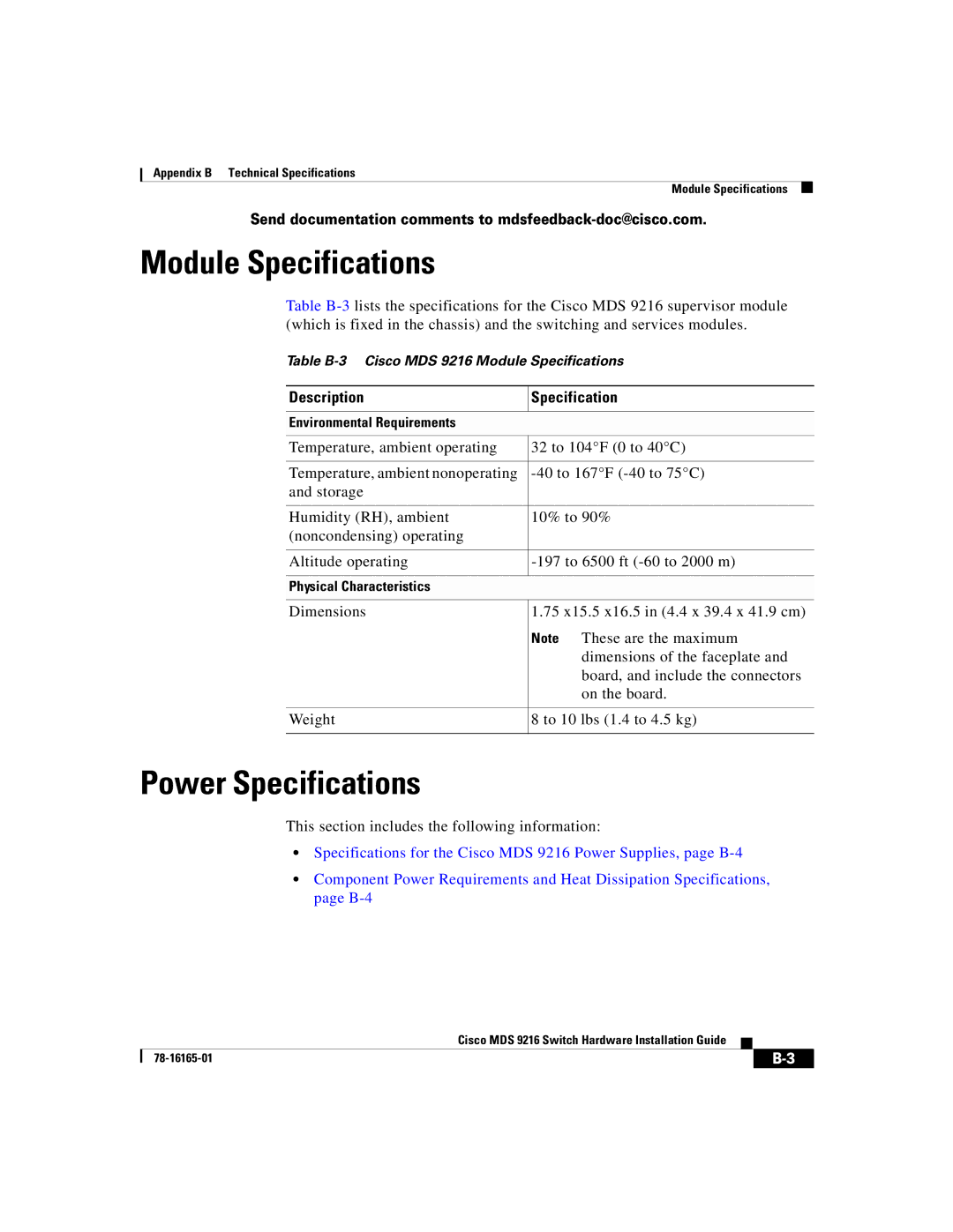 Cisco Systems 9216 manual Module Specifications, Power Specifications 