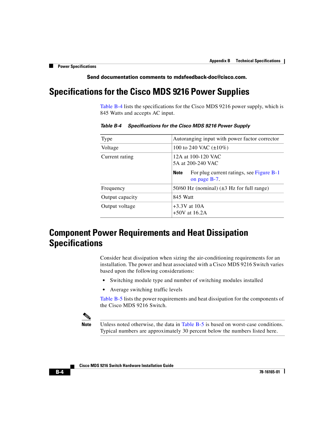 Cisco Systems manual Specifications for the Cisco MDS 9216 Power Supplies, On page B-7 