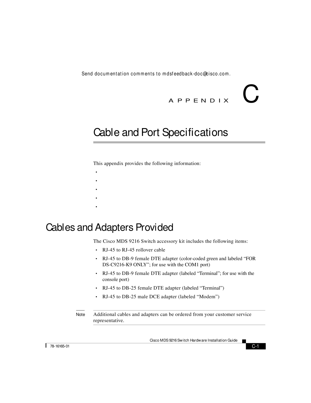 Cisco Systems 9216 manual Cable and Port Specifications, Cables and Adapters Provided 