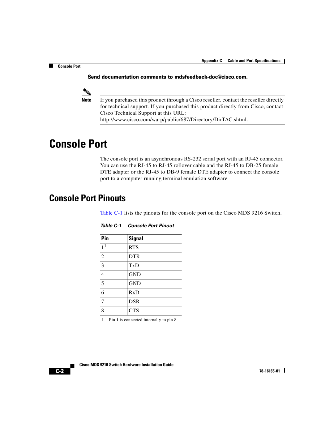 Cisco Systems 9216 manual Console Port Pinouts, Pin Signal 