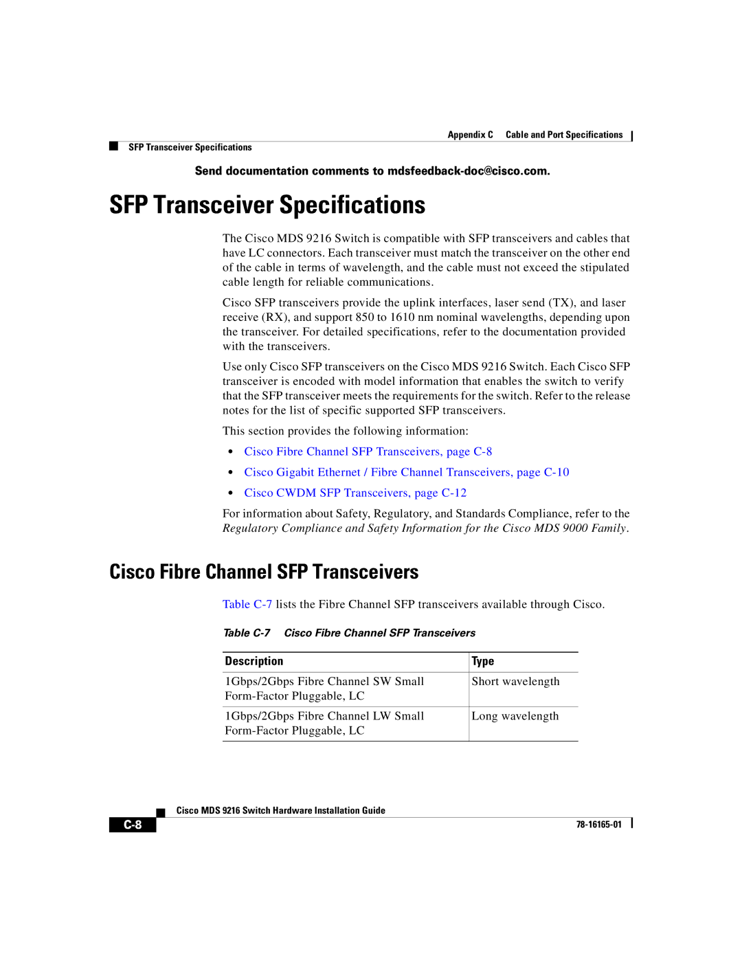 Cisco Systems 9216 manual SFP Transceiver Specifications, Cisco Fibre Channel SFP Transceivers, Description Type 