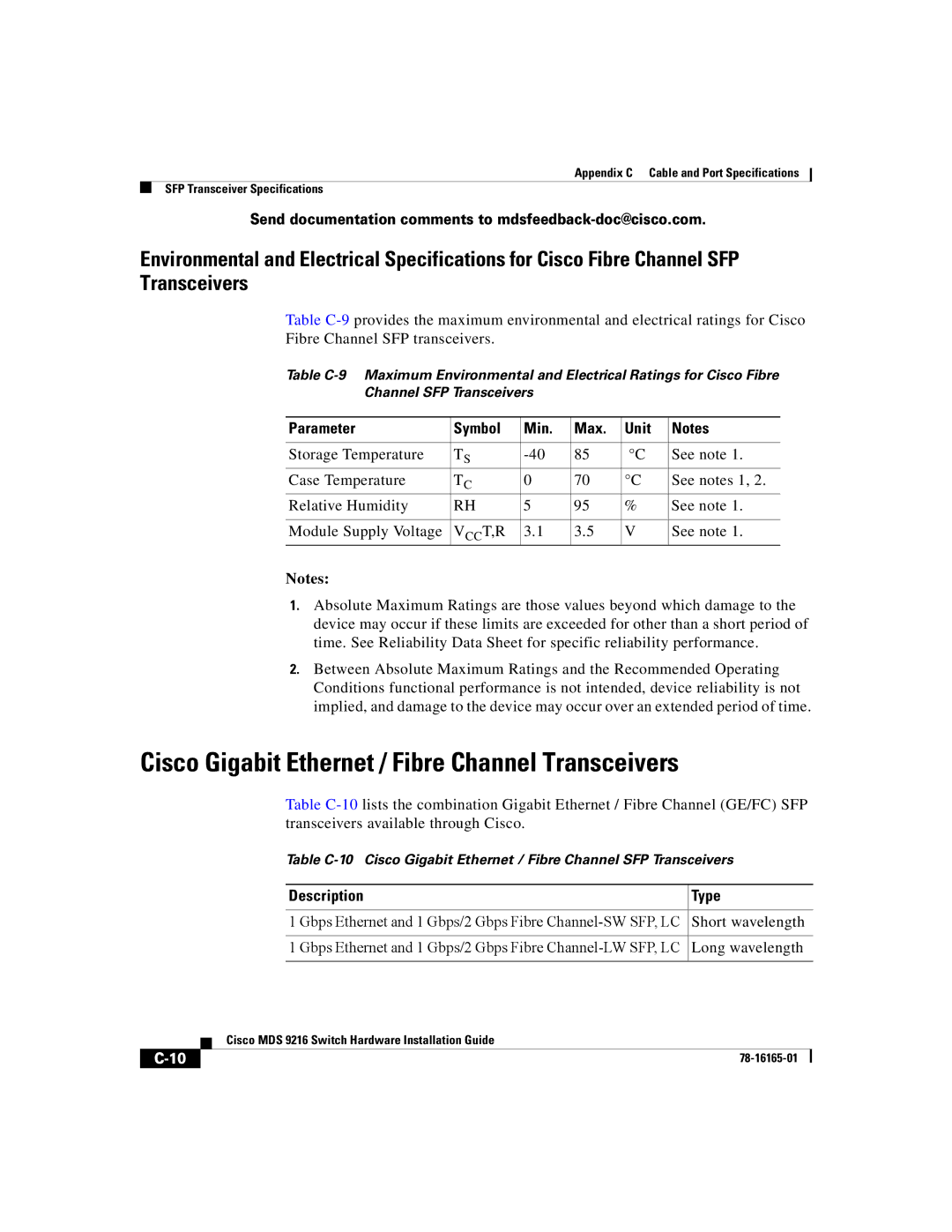 Cisco Systems 9216 manual Cisco Gigabit Ethernet / Fibre Channel Transceivers, Parameter Symbol Min Max Unit 