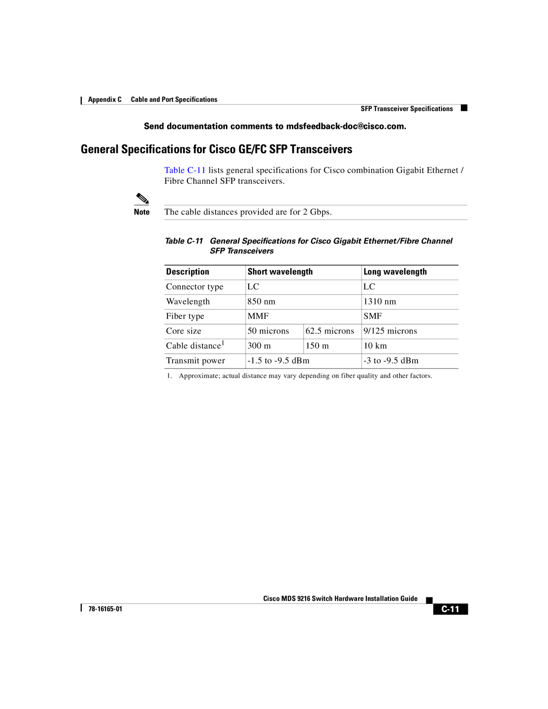 Cisco Systems 9216 manual General Specifications for Cisco GE/FC SFP Transceivers 