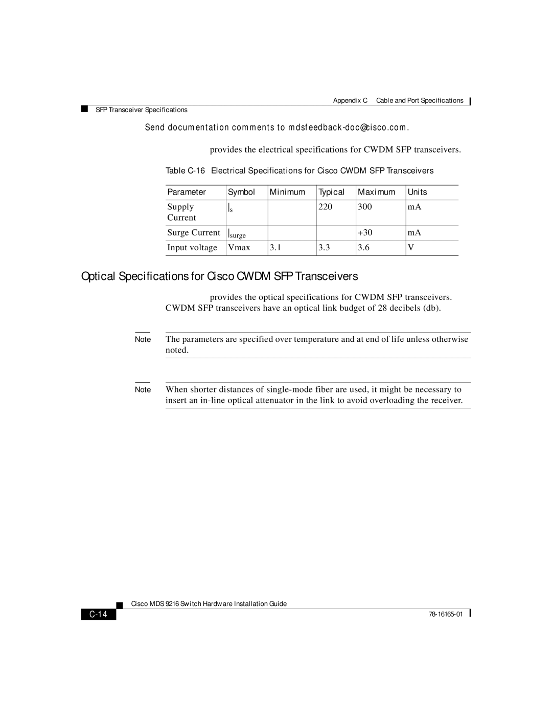 Cisco Systems 9216 Optical Specifications for Cisco Cwdm SFP Transceivers, Parameter Symbol Minimum Typical Maximum Units 