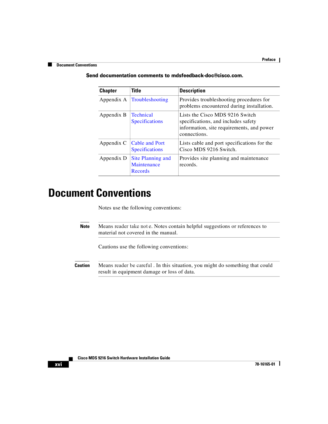 Cisco Systems 9216 manual Document Conventions, Xvi 