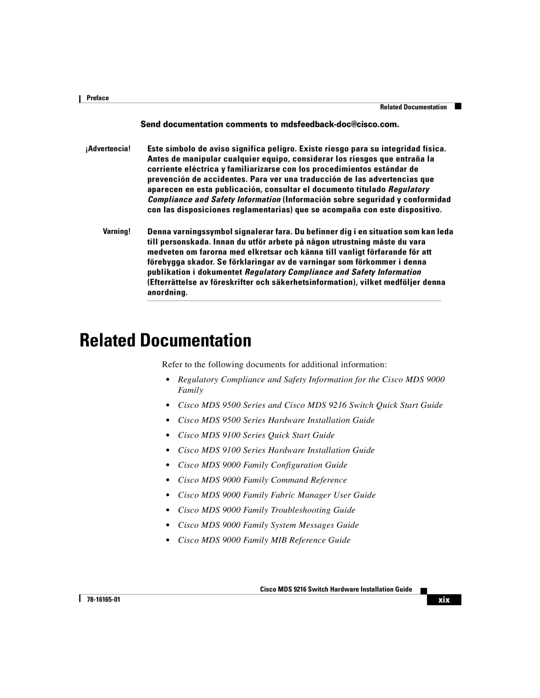 Cisco Systems 9216 manual Related Documentation, Xix 