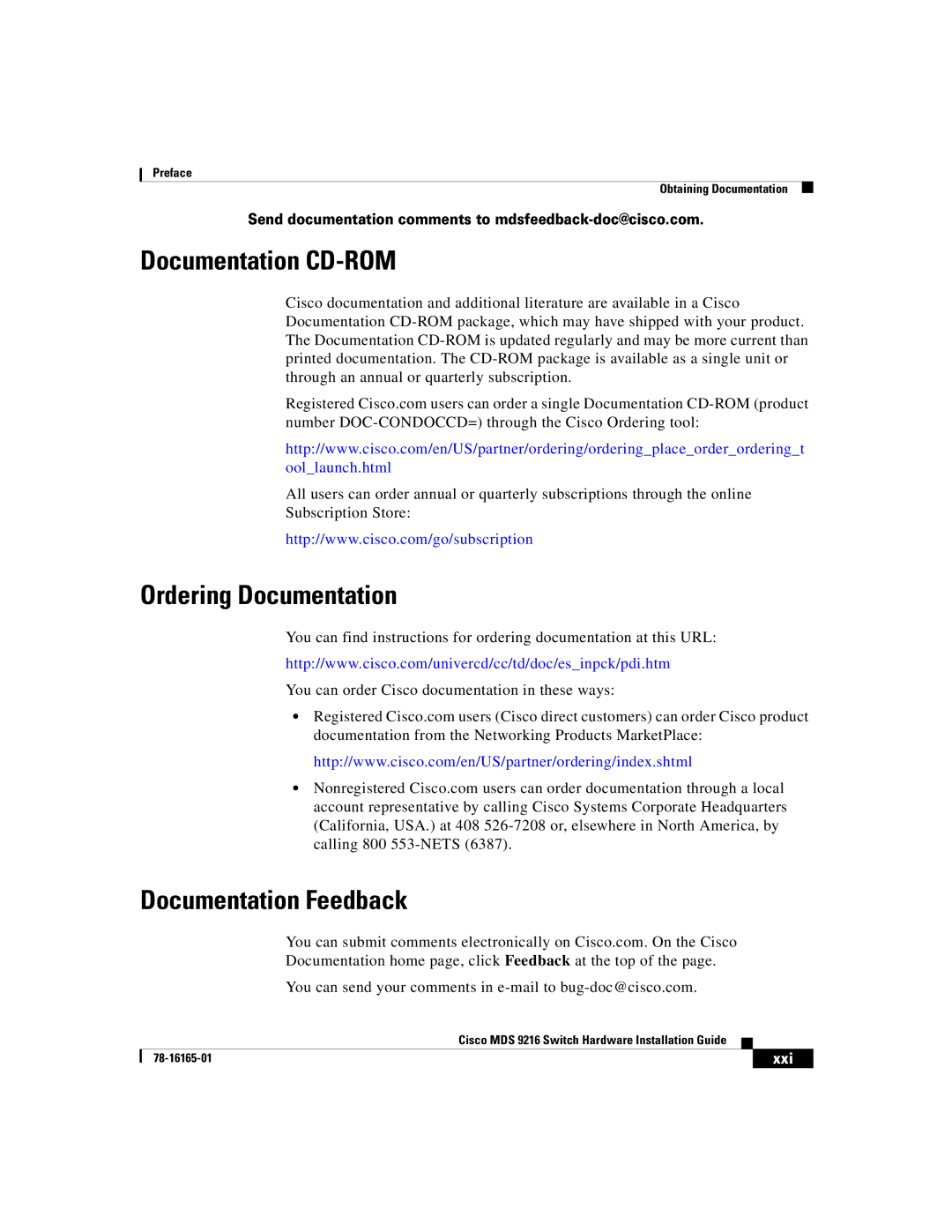 Cisco Systems 9216 manual Documentation CD-ROM, Ordering Documentation, Documentation Feedback, Xxi 