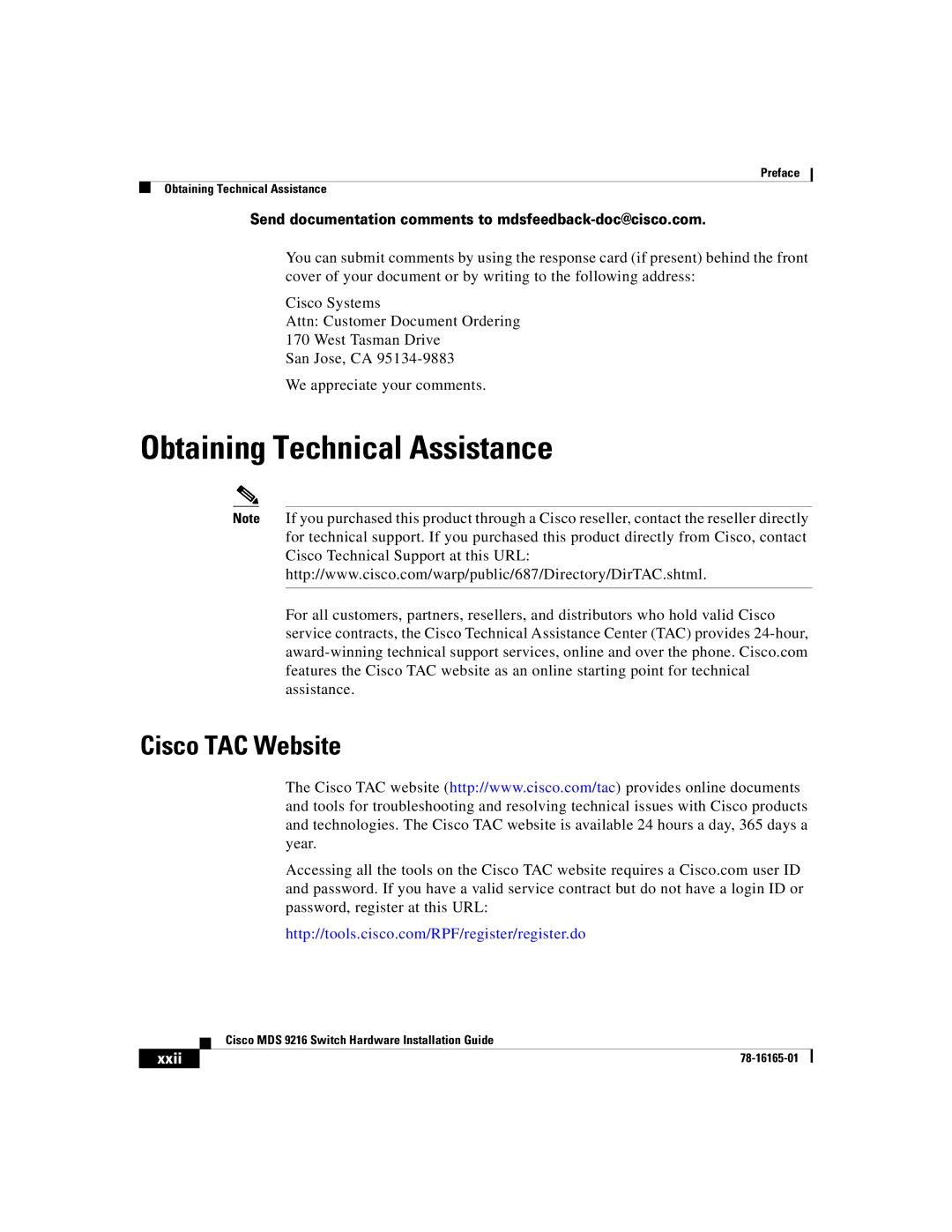 Cisco Systems 9216 manual Obtaining Technical Assistance, Cisco TAC Website, Xxii 