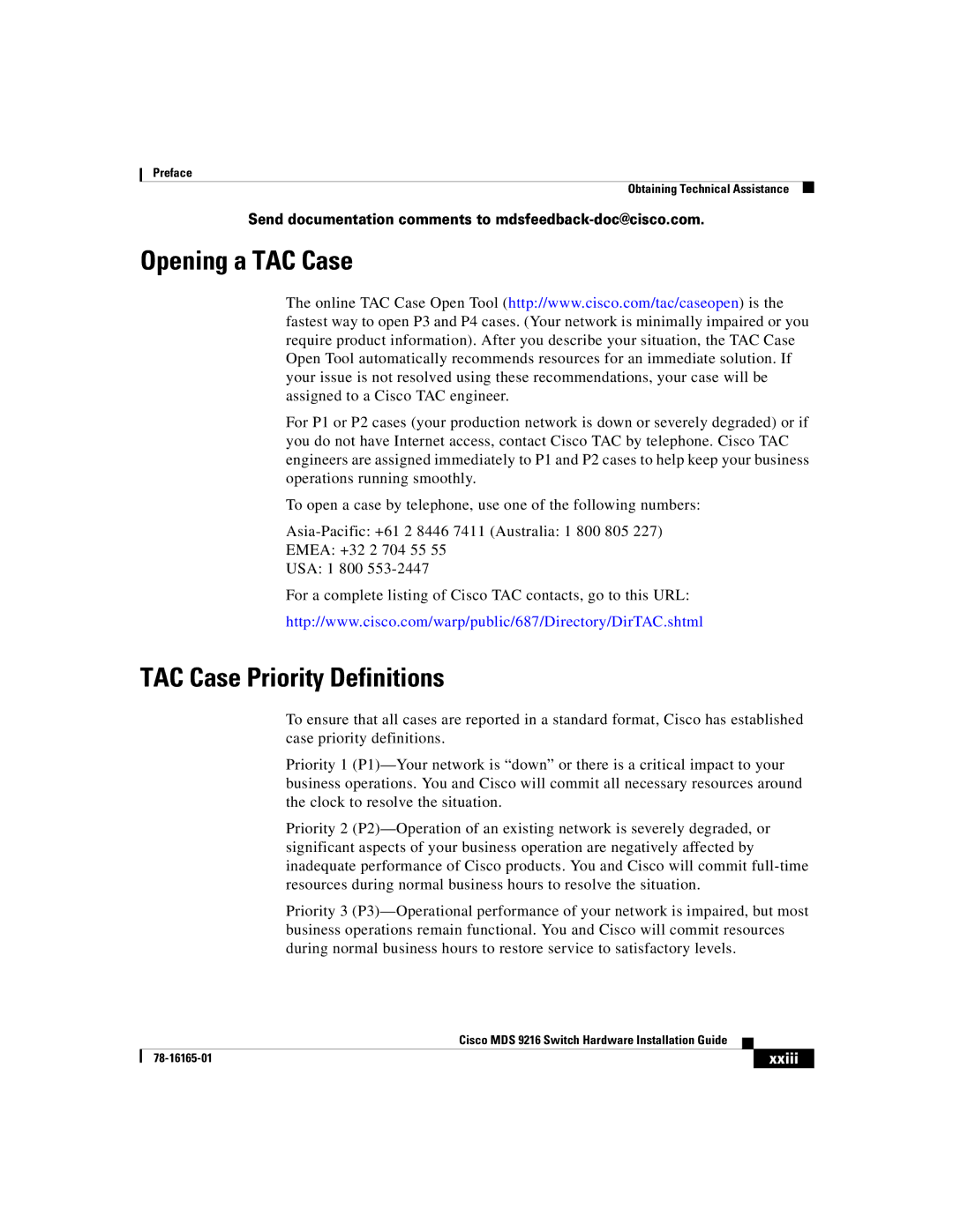 Cisco Systems 9216 manual Opening a TAC Case, TAC Case Priority Definitions, Xxiii 