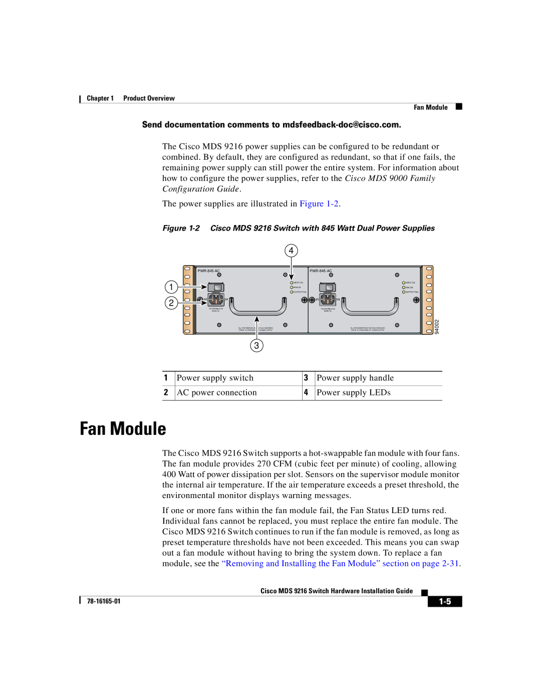 Cisco Systems manual Fan Module, Cisco MDS 9216 Switch with 845 Watt Dual Power Supplies 