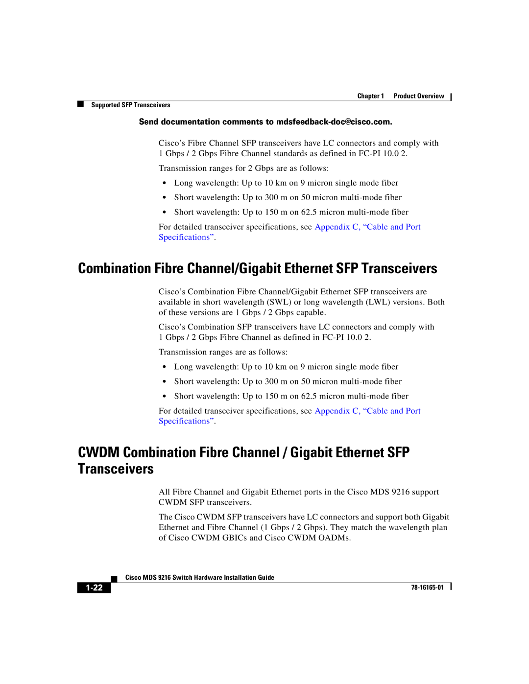 Cisco Systems 9216 manual Combination Fibre Channel/Gigabit Ethernet SFP Transceivers 