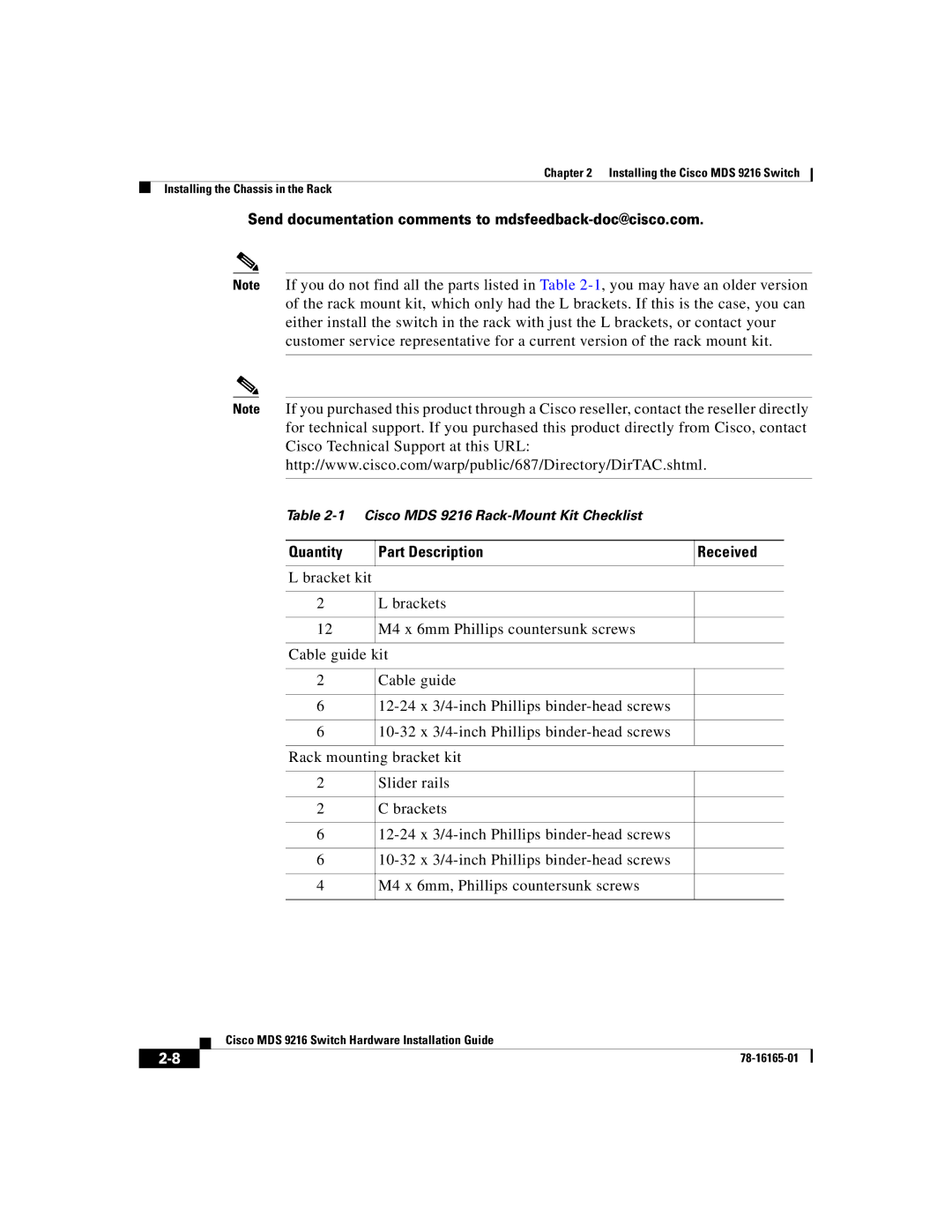 Cisco Systems 9216 manual Quantity Part Description Received 