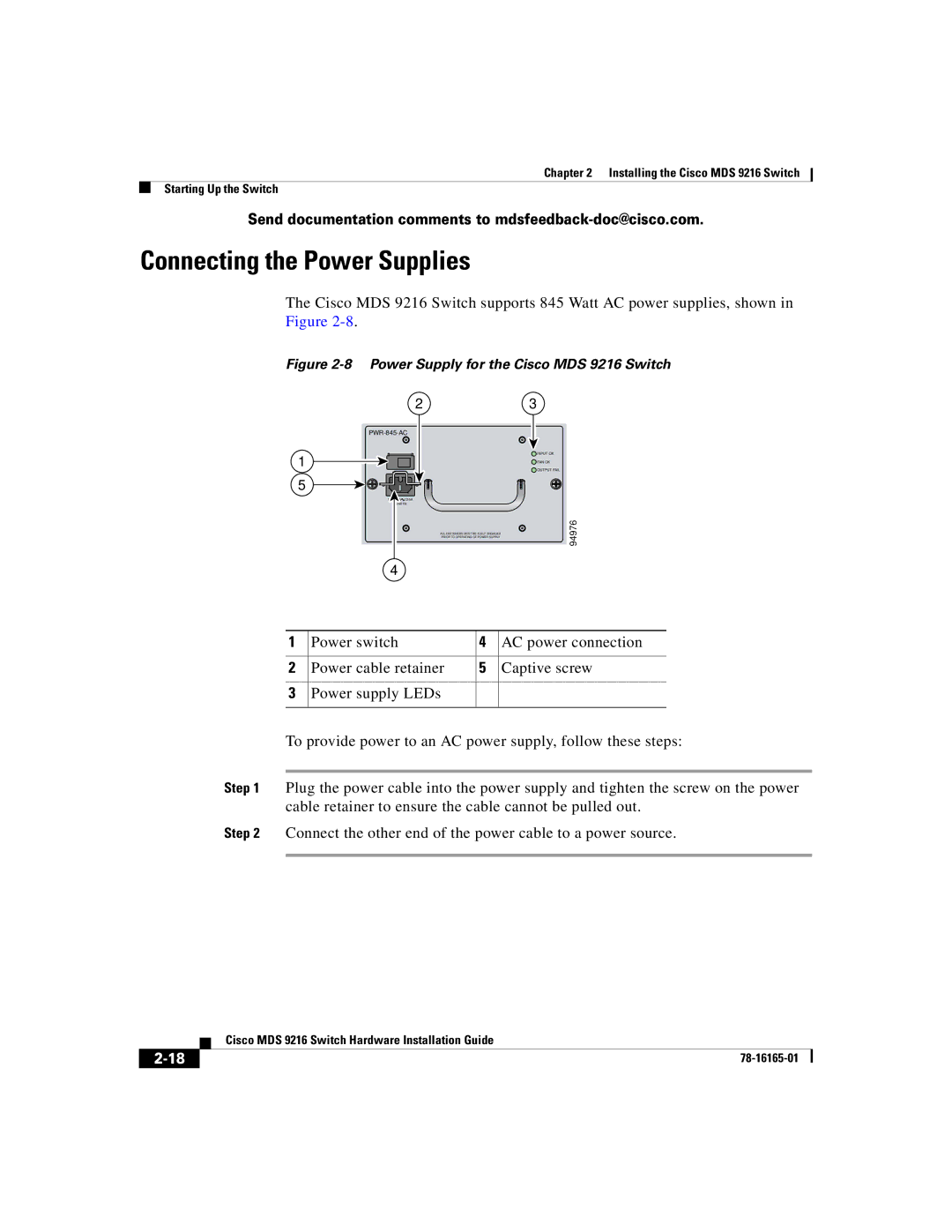 Cisco Systems manual Connecting the Power Supplies, Power Supply for the Cisco MDS 9216 Switch 