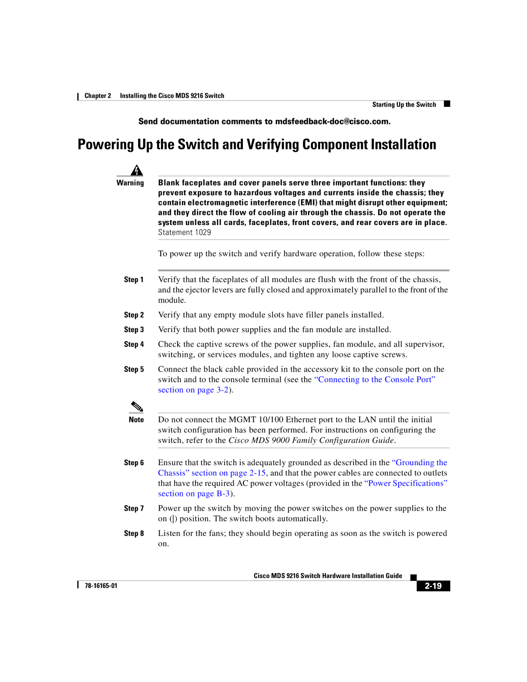 Cisco Systems 9216 manual Powering Up the Switch and Verifying Component Installation 