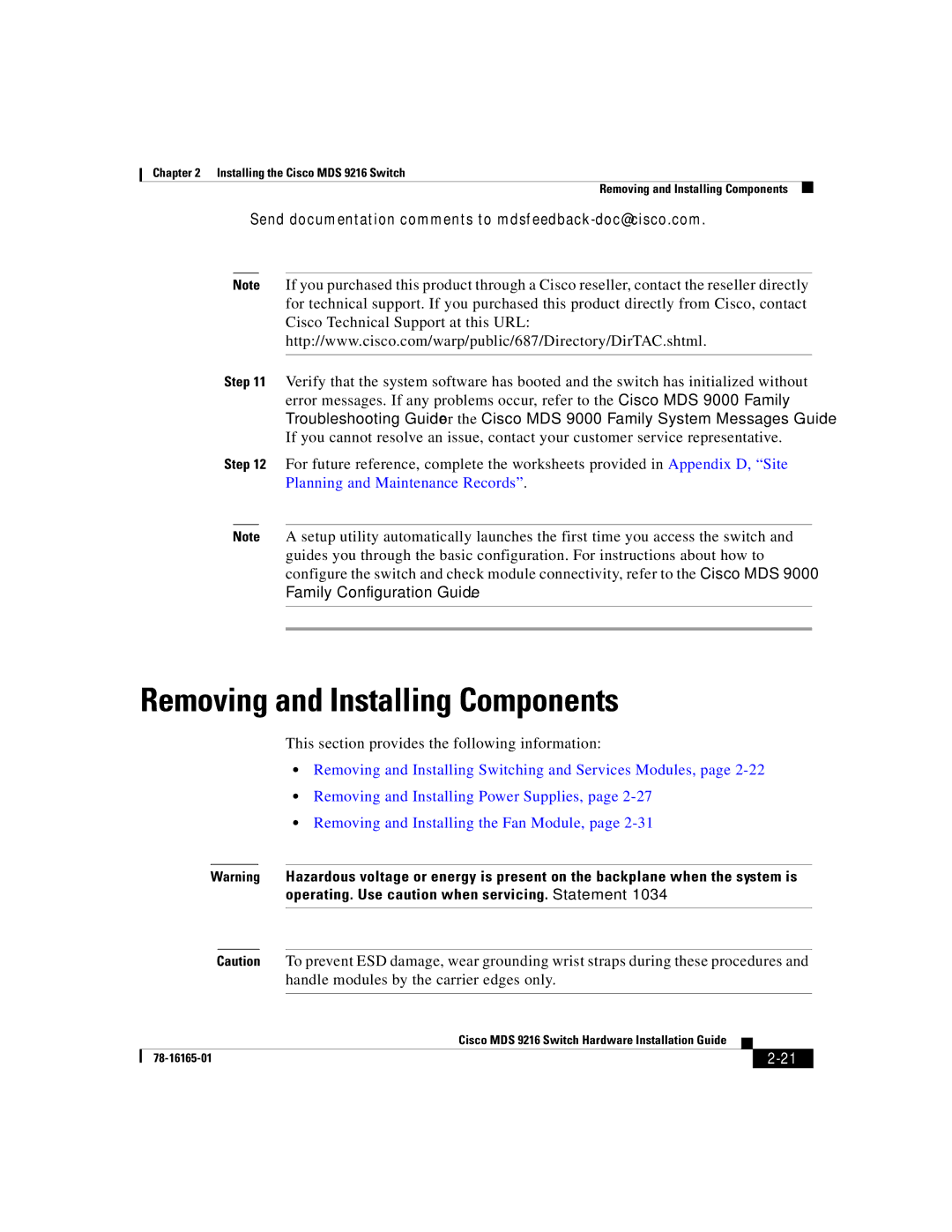 Cisco Systems 9216 manual Removing and Installing Components 