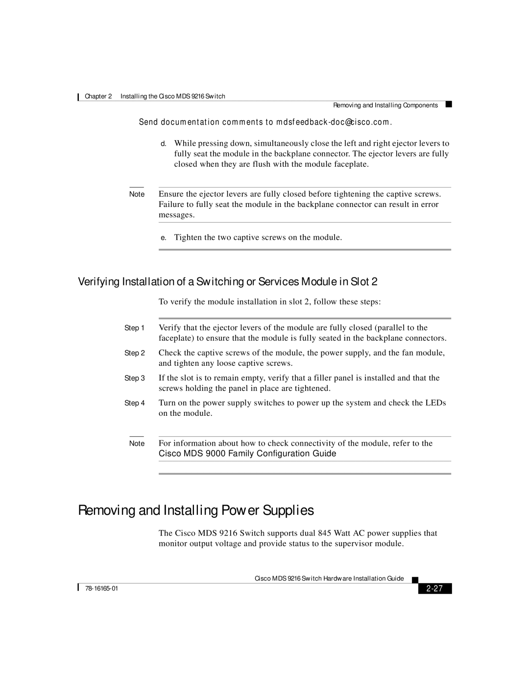 Cisco Systems 9216 manual Removing and Installing Power Supplies 