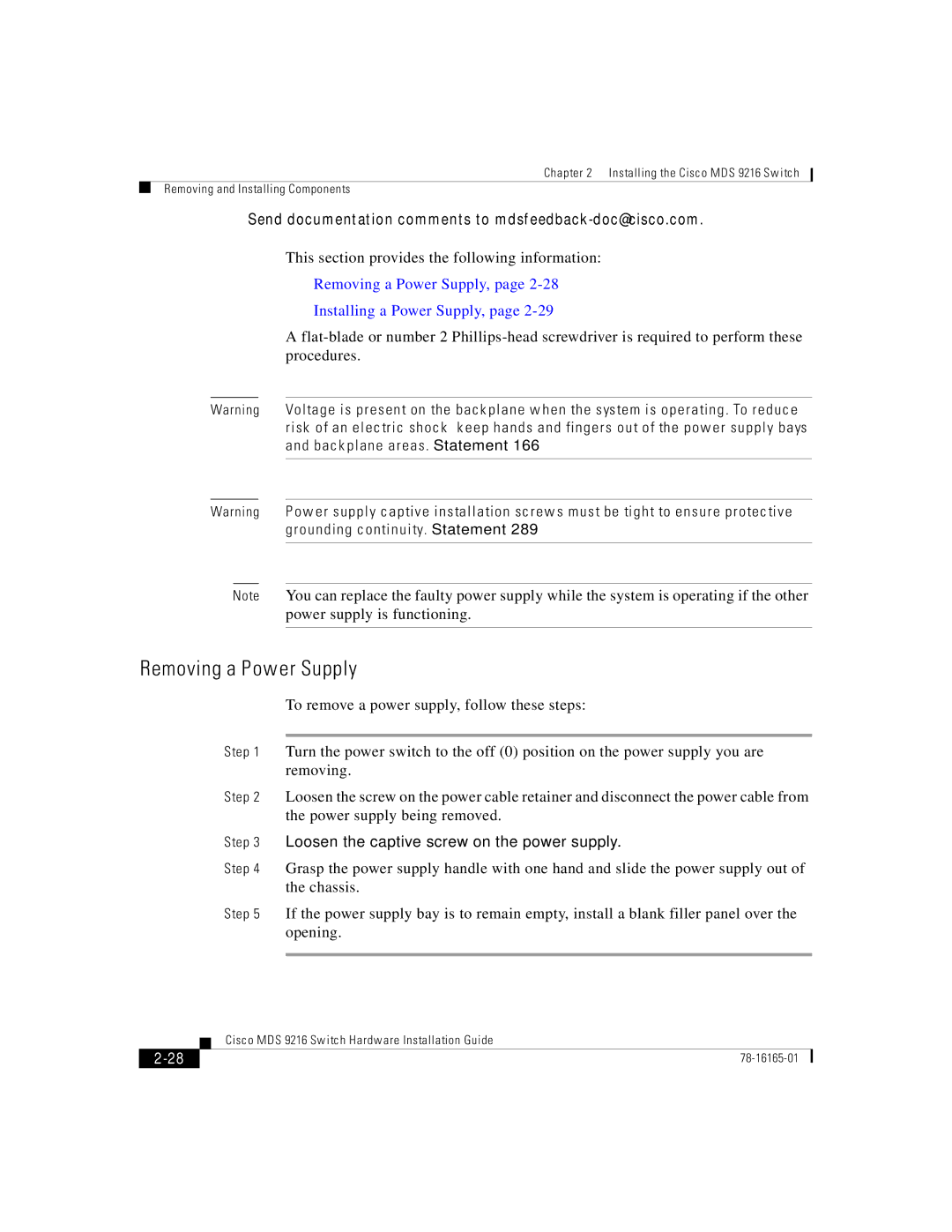 Cisco Systems 9216 manual Removing a Power Supply 