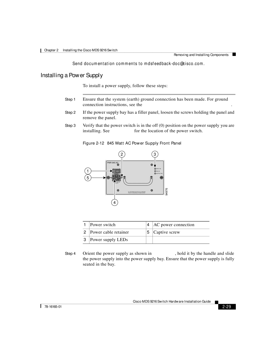 Cisco Systems 9216 manual Installing a Power Supply 