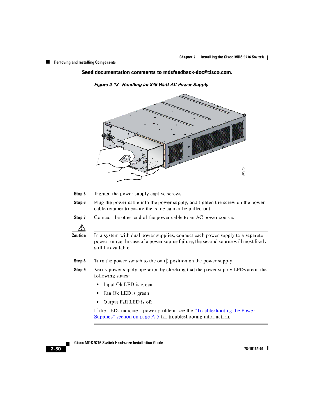 Cisco Systems 9216 manual Tighten the power supply captive screws 