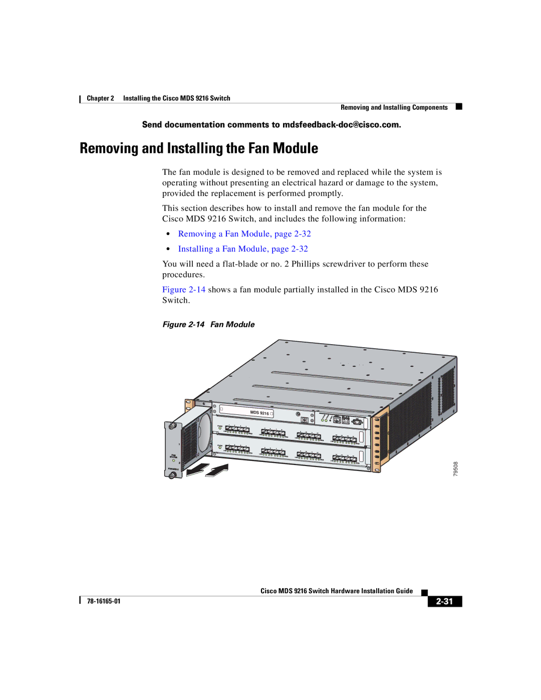 Cisco Systems 9216 manual Removing and Installing the Fan Module, Removing a Fan Module, Installing a Fan Module 