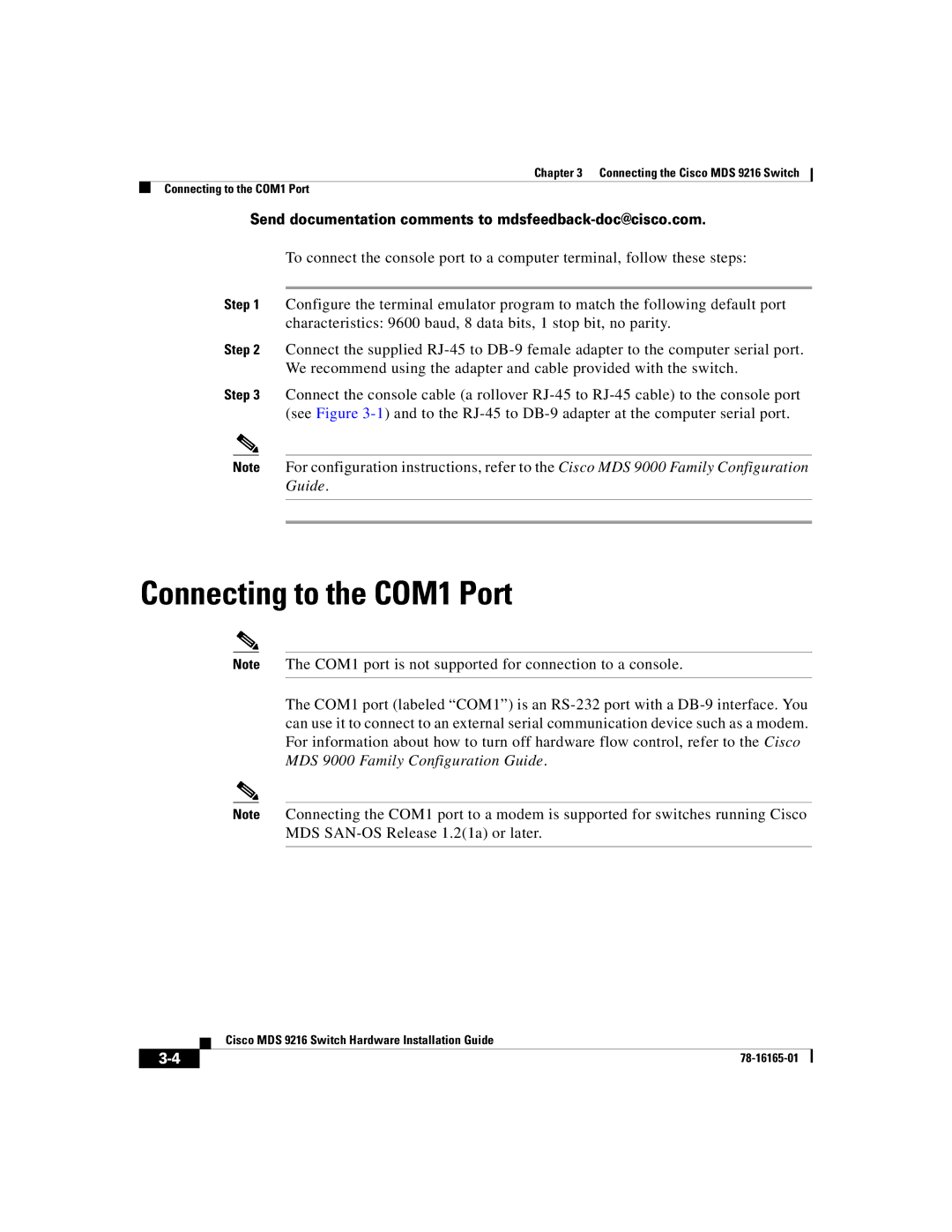 Cisco Systems 9216 manual Connecting to the COM1 Port 