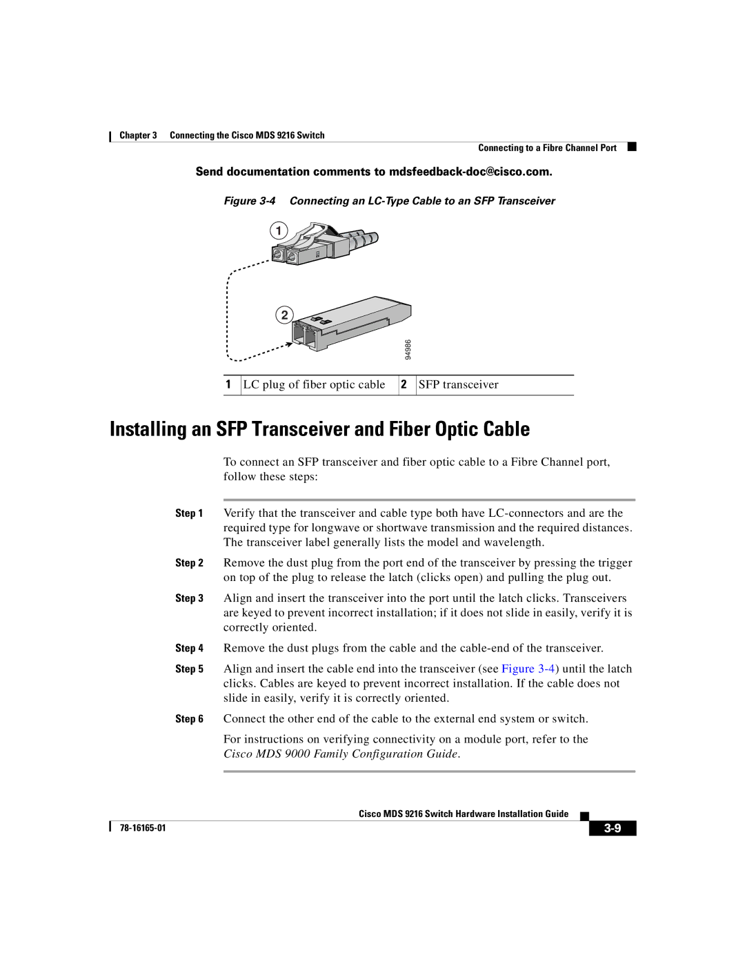 Cisco Systems 9216 Installing an SFP Transceiver and Fiber Optic Cable, Connecting an LC-Type Cable to an SFP Transceiver 