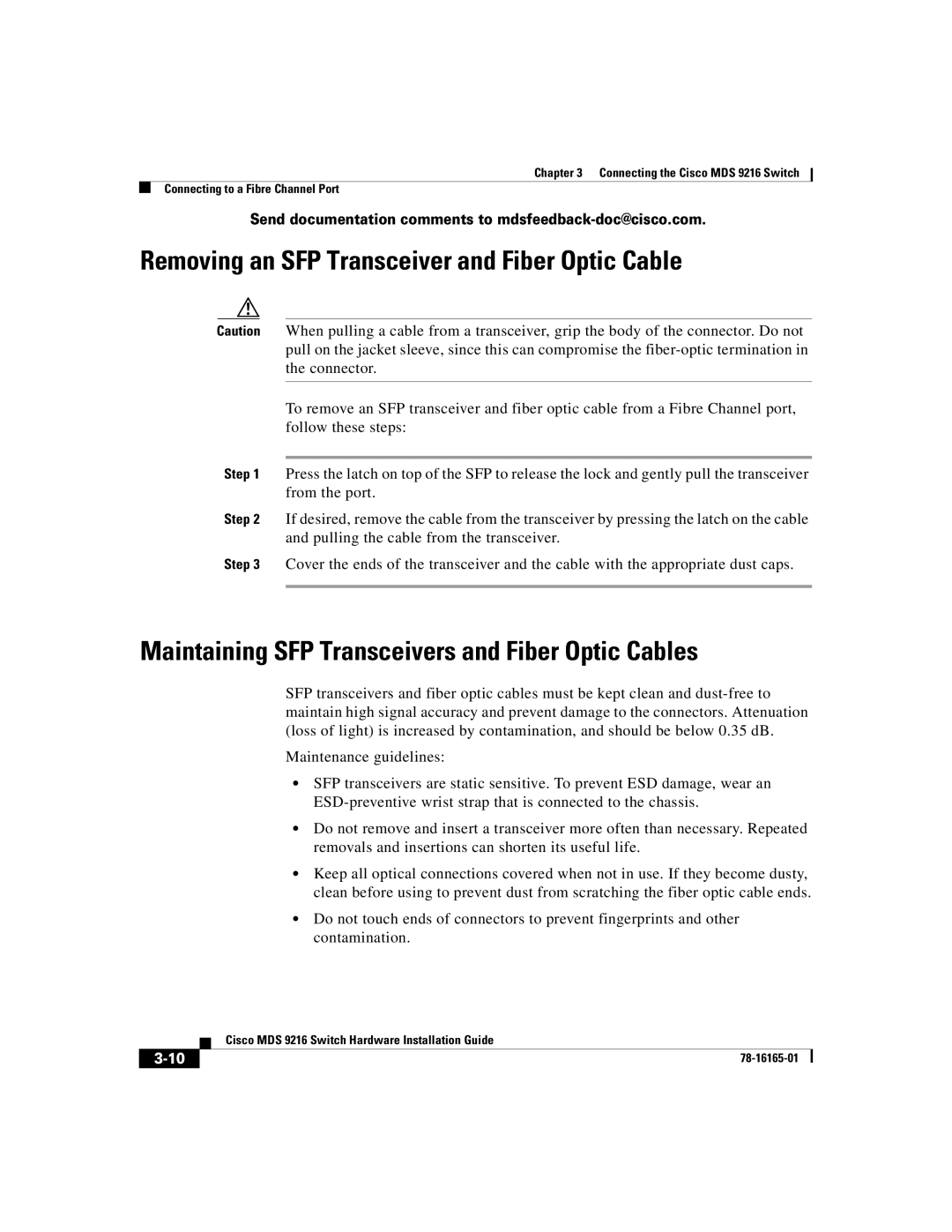 Cisco Systems 9216 Removing an SFP Transceiver and Fiber Optic Cable, Maintaining SFP Transceivers and Fiber Optic Cables 