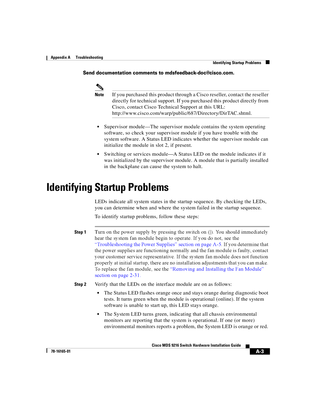 Cisco Systems 9216 manual Identifying Startup Problems 