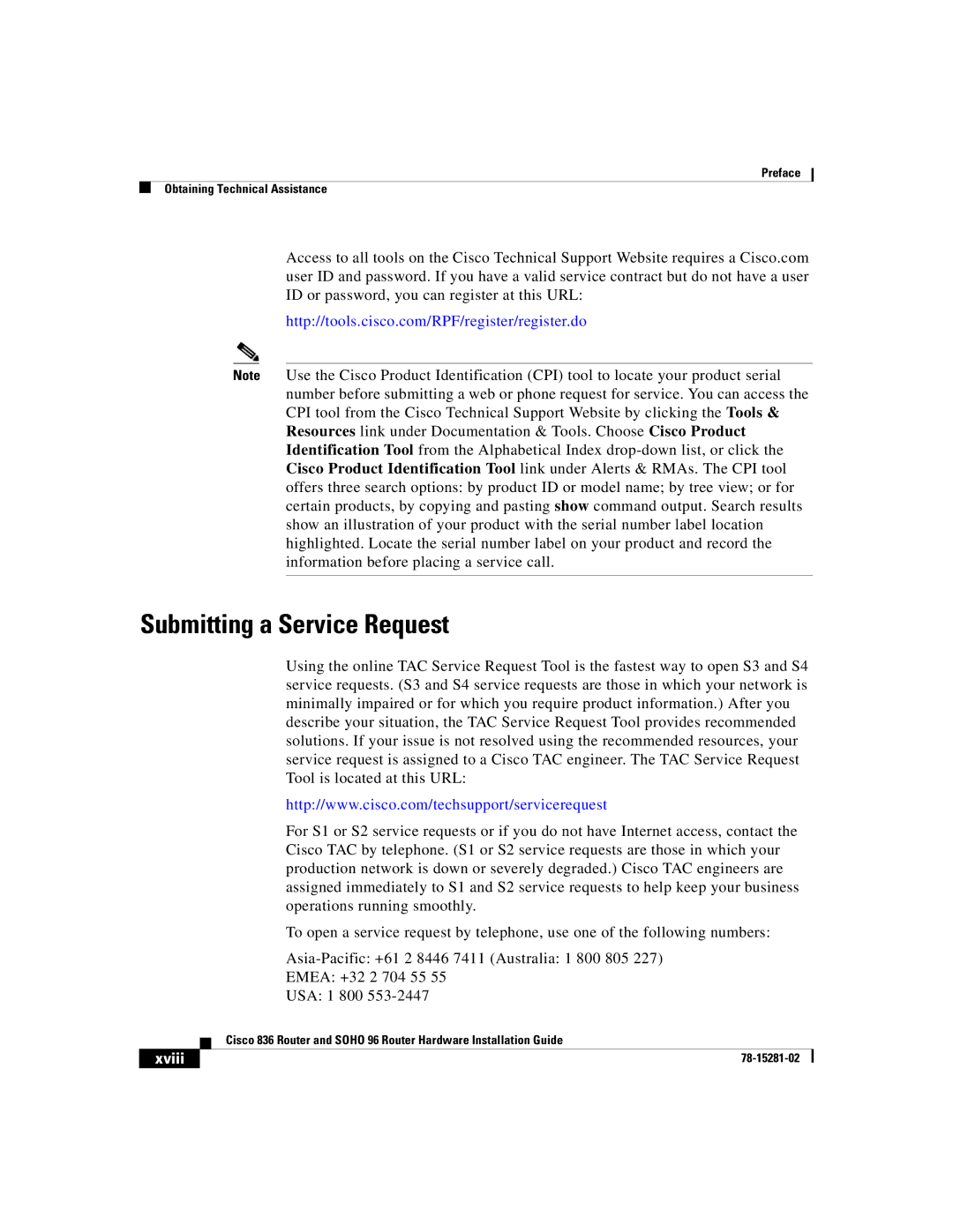 Cisco Systems 96, 836 manual Submitting a Service Request, Xviii 