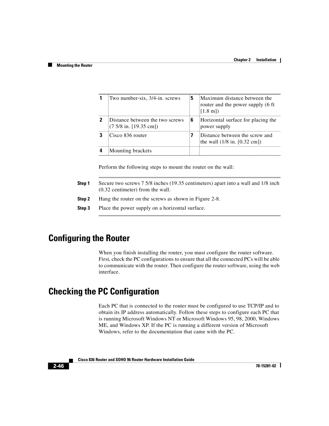 Cisco Systems 96, 836 manual Configuring the Router, Checking the PC Configuration 