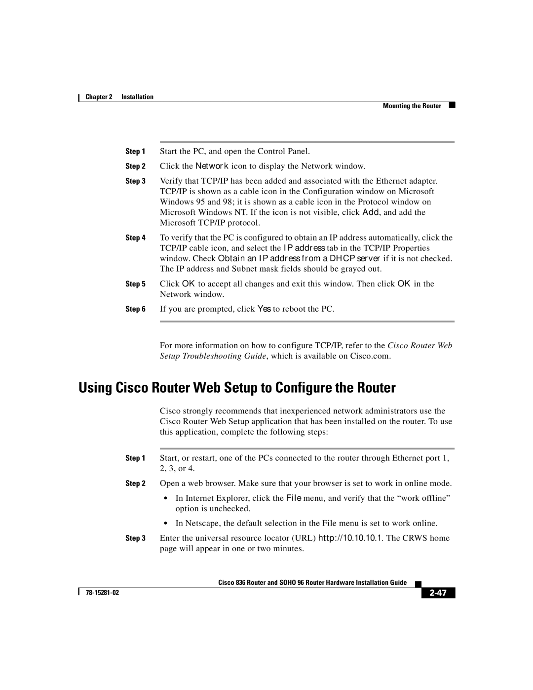 Cisco Systems 836, 96 manual Using Cisco Router Web Setup to Configure the Router 