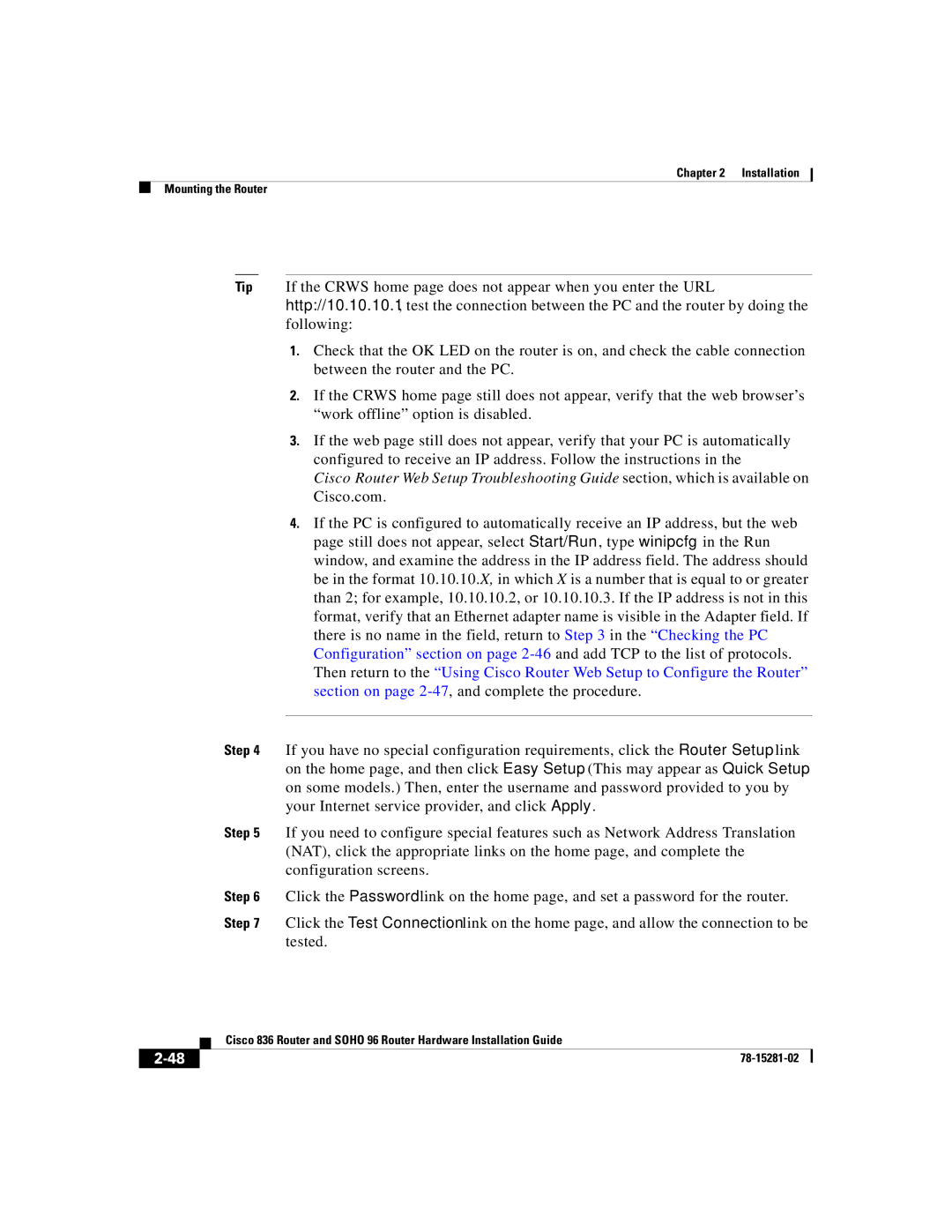 Cisco Systems 96, 836 manual Installation Mounting the Router 