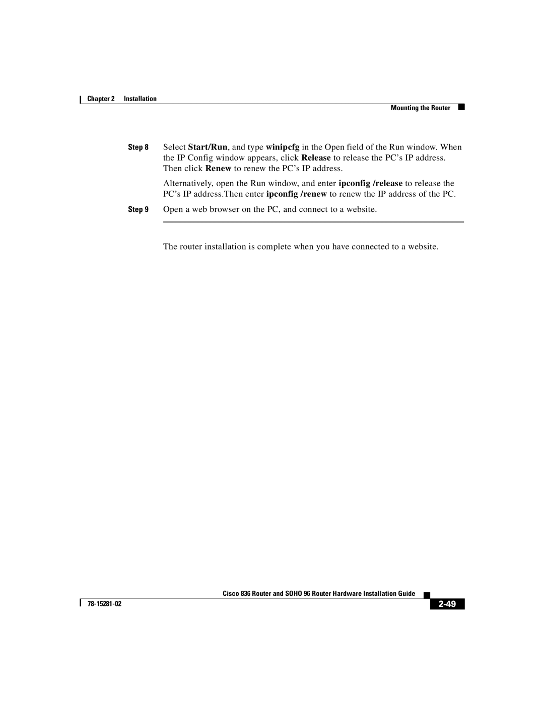 Cisco Systems 836, 96 manual Installation Mounting the Router 