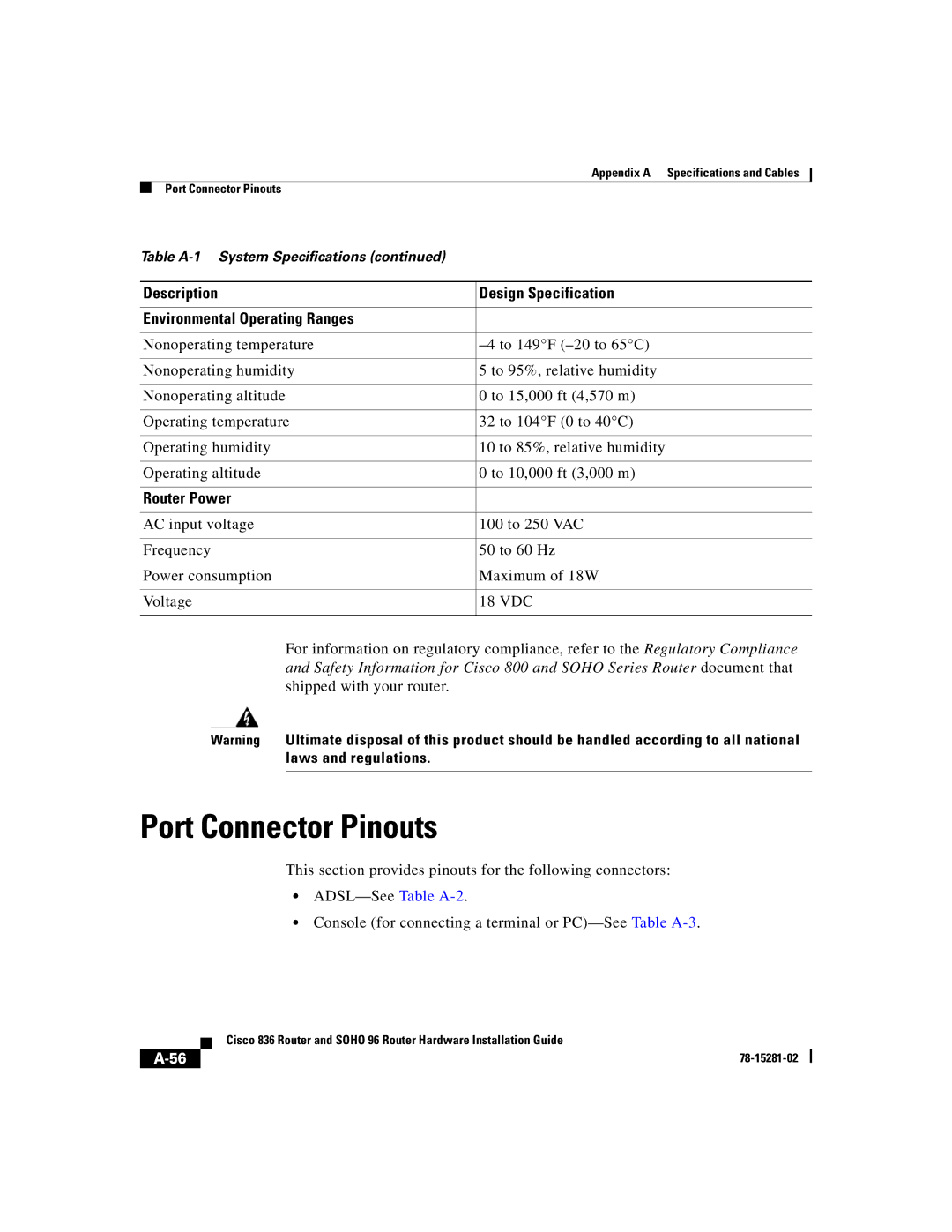 Cisco Systems 96, 836 manual Port Connector Pinouts, Router Power 