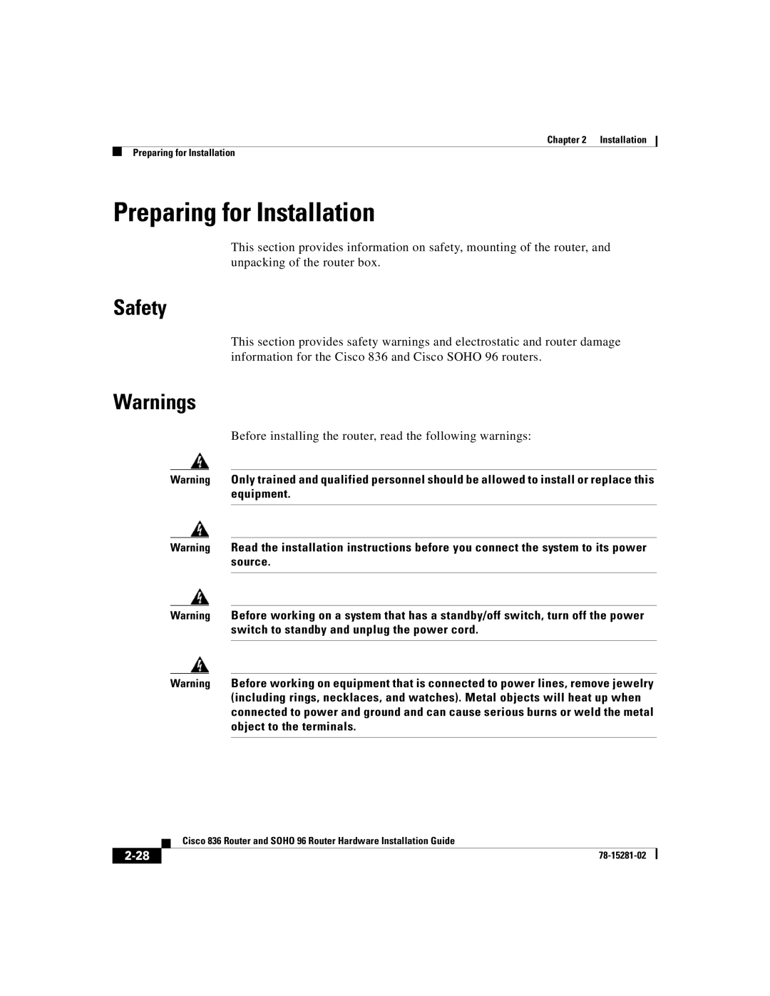 Cisco Systems 96 manual Preparing for Installation, Safety 